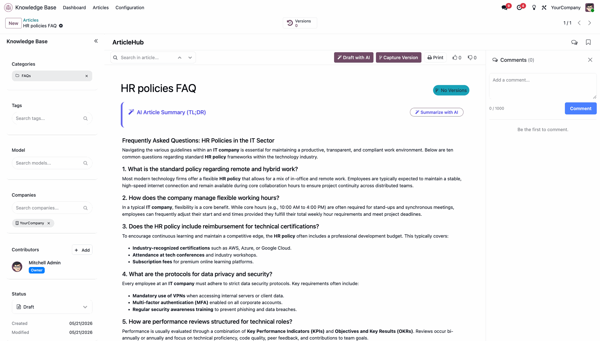 Article view showing the generated structured article