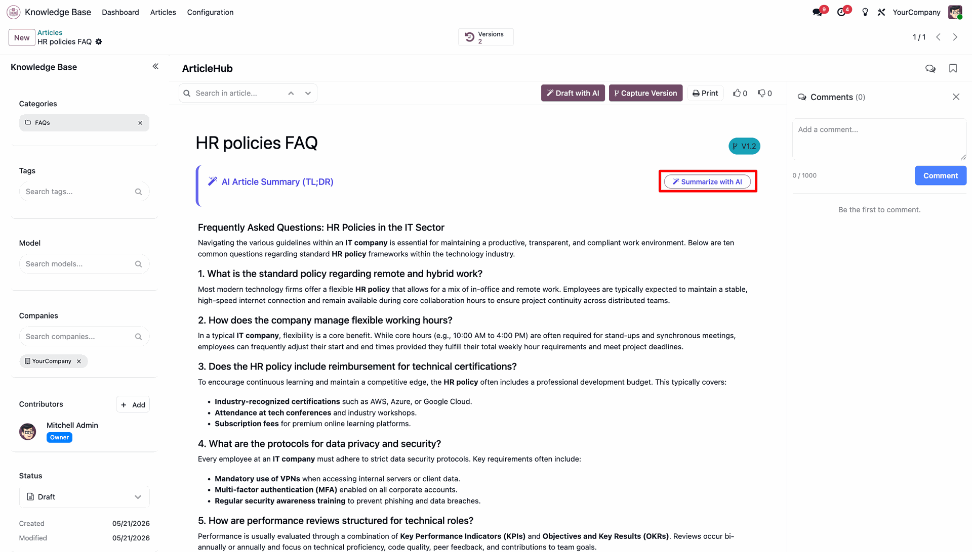 Article detail page highlighting the 'Summarize with AI' button inside the article view
