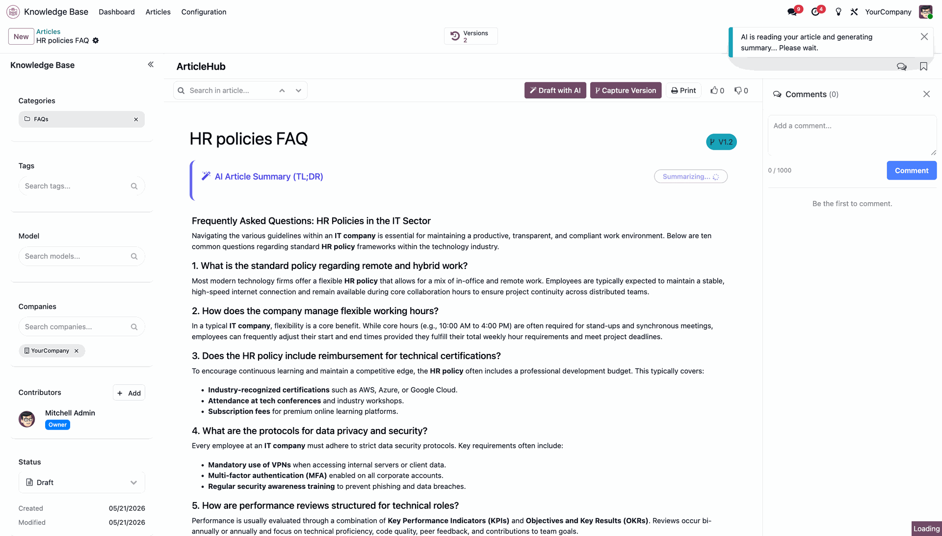 Article page showing the top-right AI processing notification