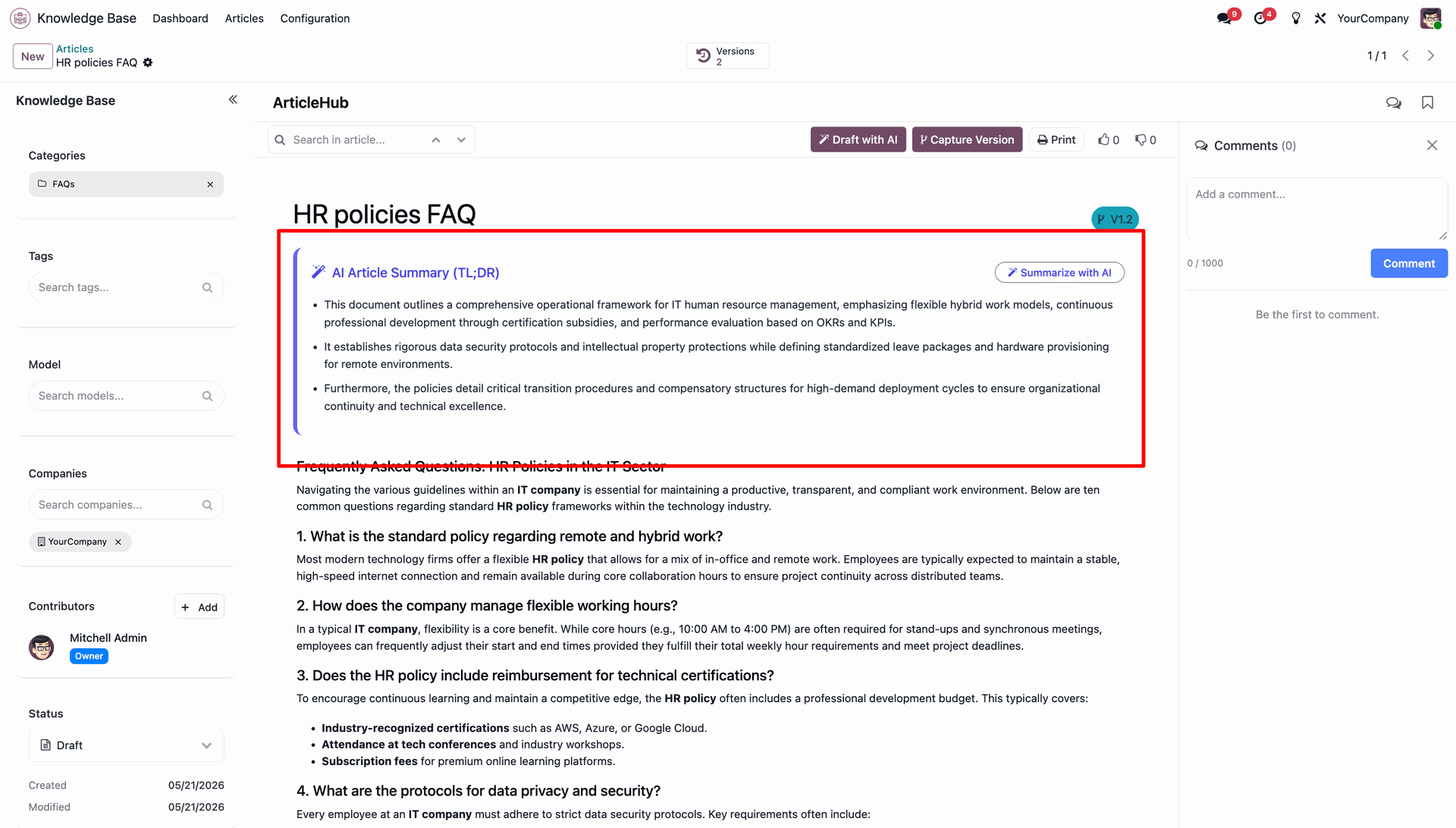 Article view showing the newly generated bulleted AI summary box at the top