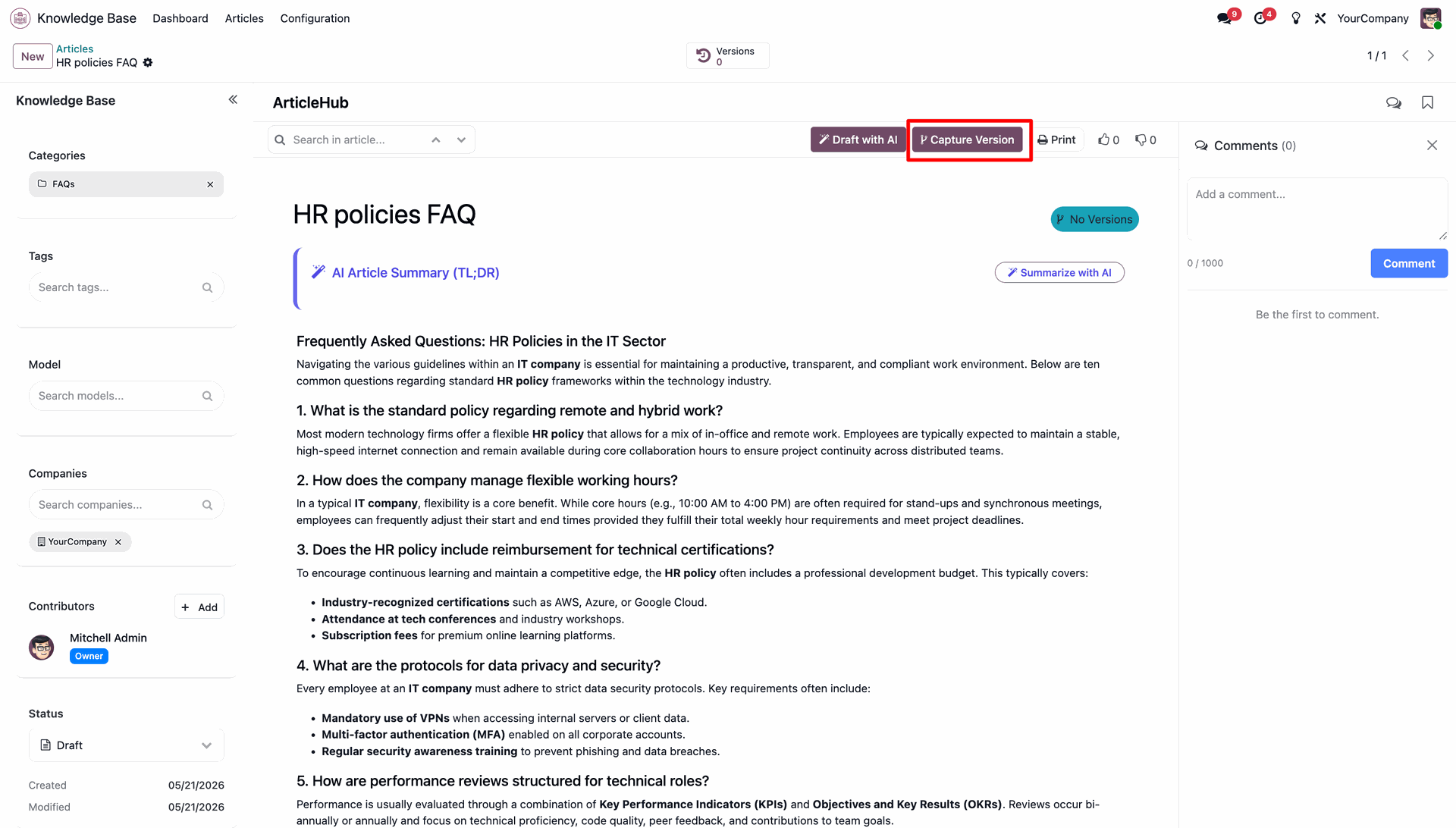 Article page highlighting the 'Capture Version' button, used to store history