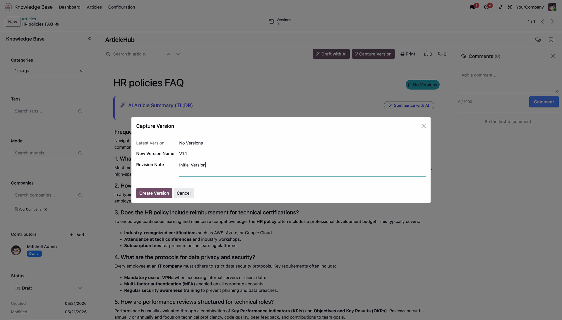 Popup form to enter the version name and revision note to create a version