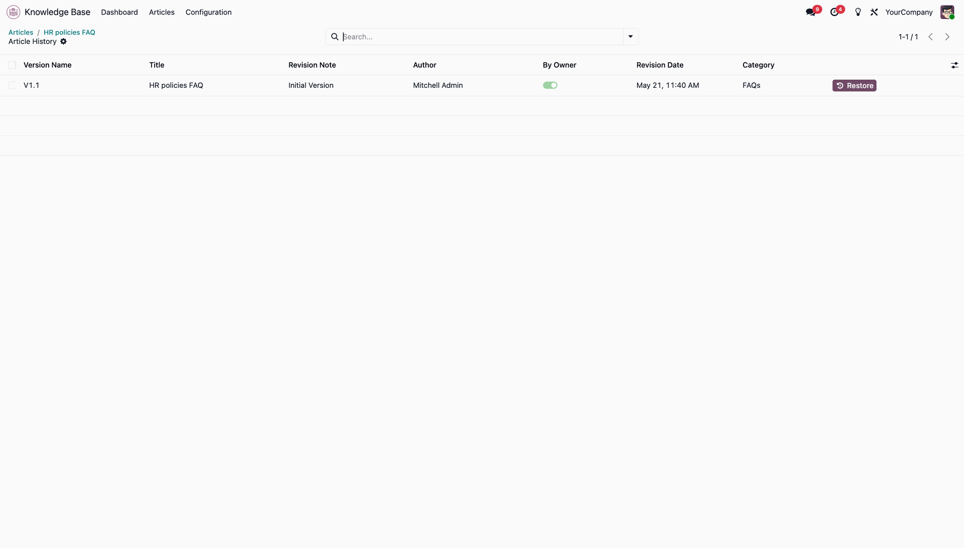Versions list view showing all revision records and dates