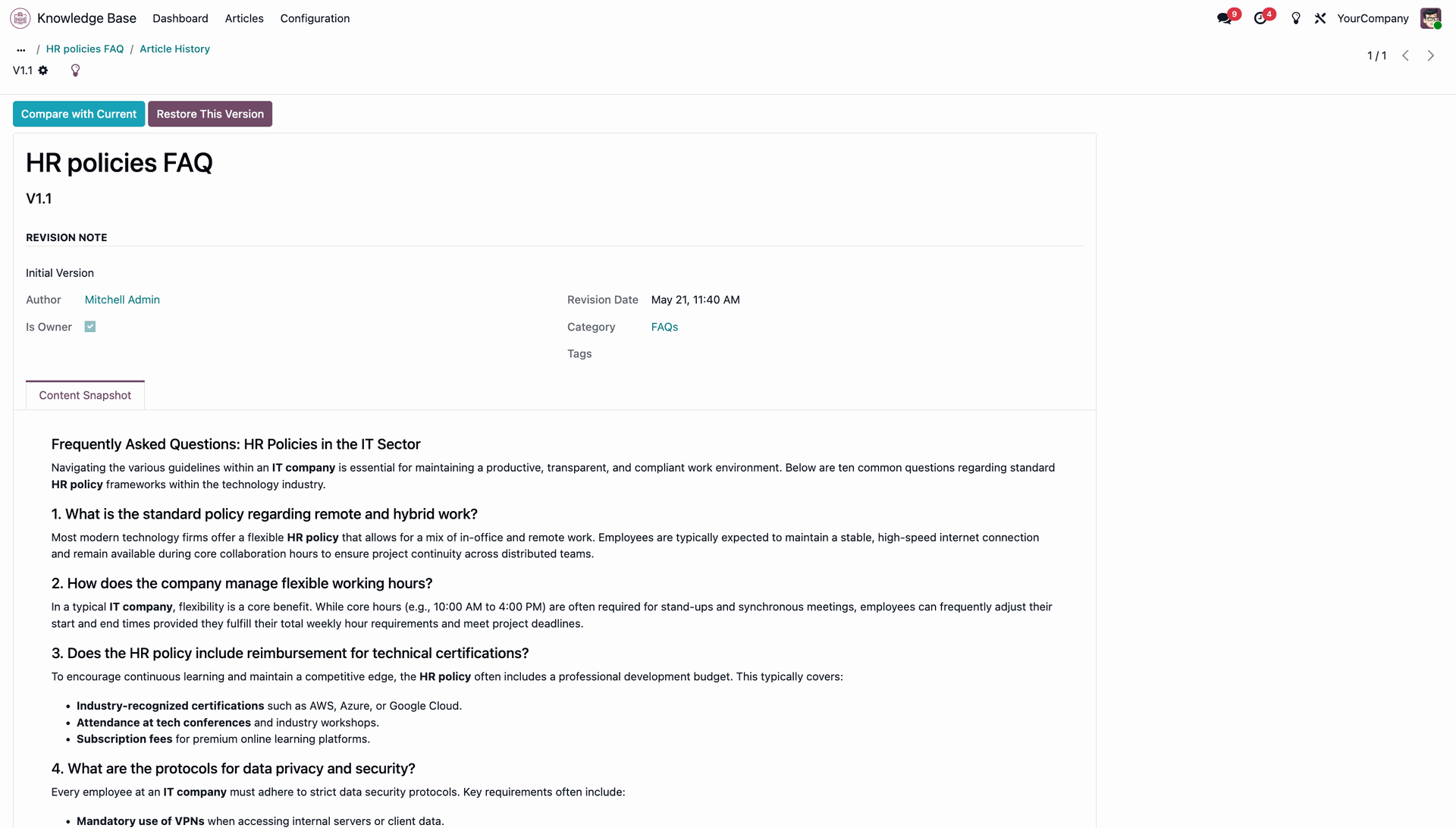 Revision details page showing author name and historical content snapshot