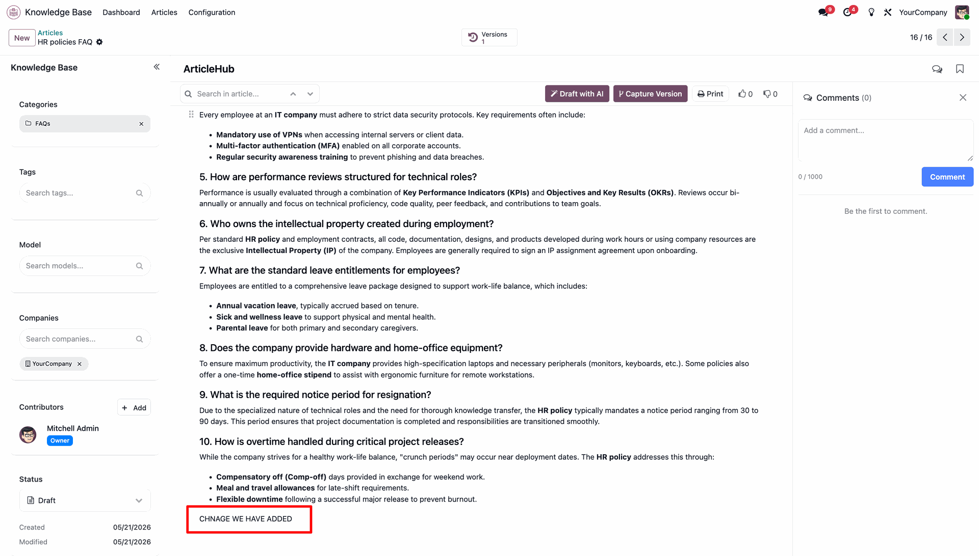 Direct editor showing new modifications added to the bottom of the article body text