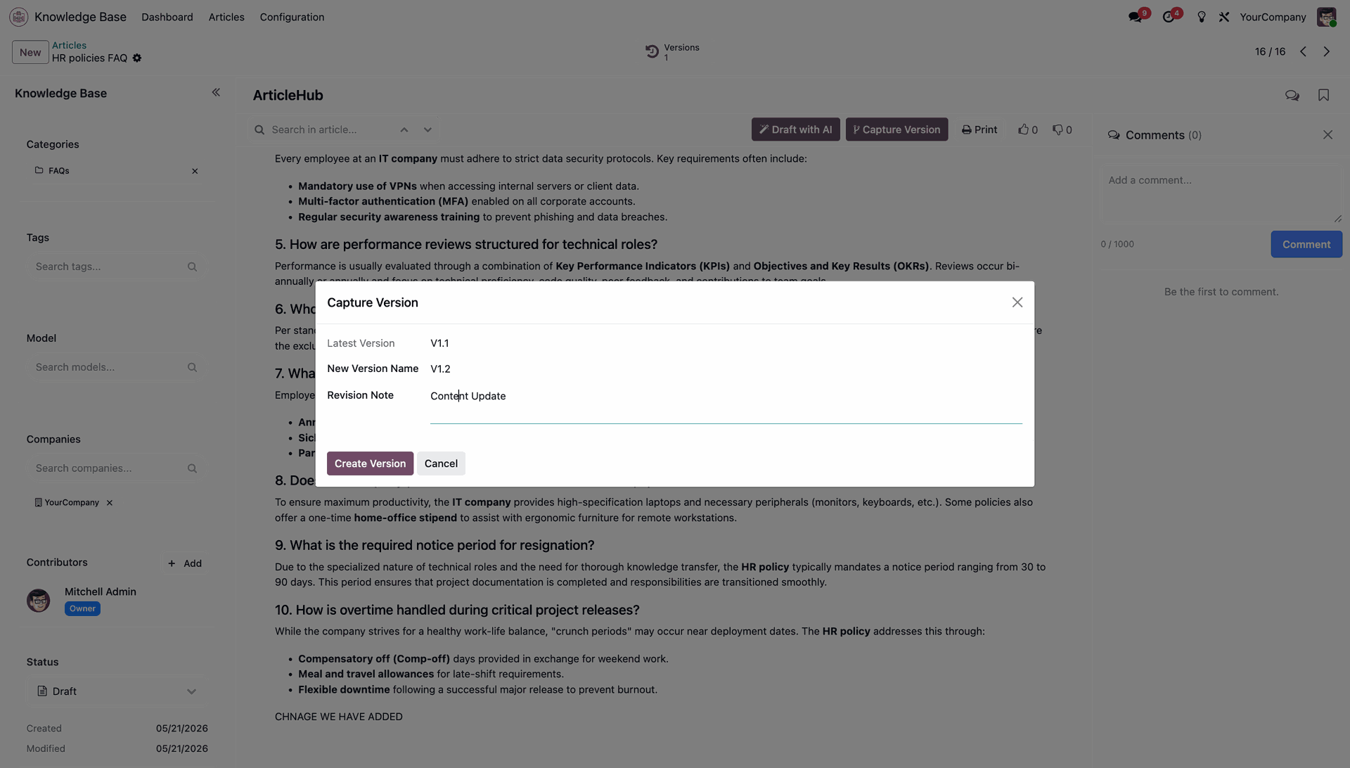 Popup form to save another updated article version