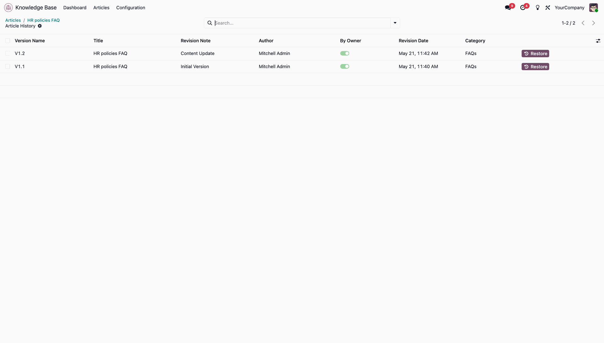 Updated Versions list showing multiple captured history records