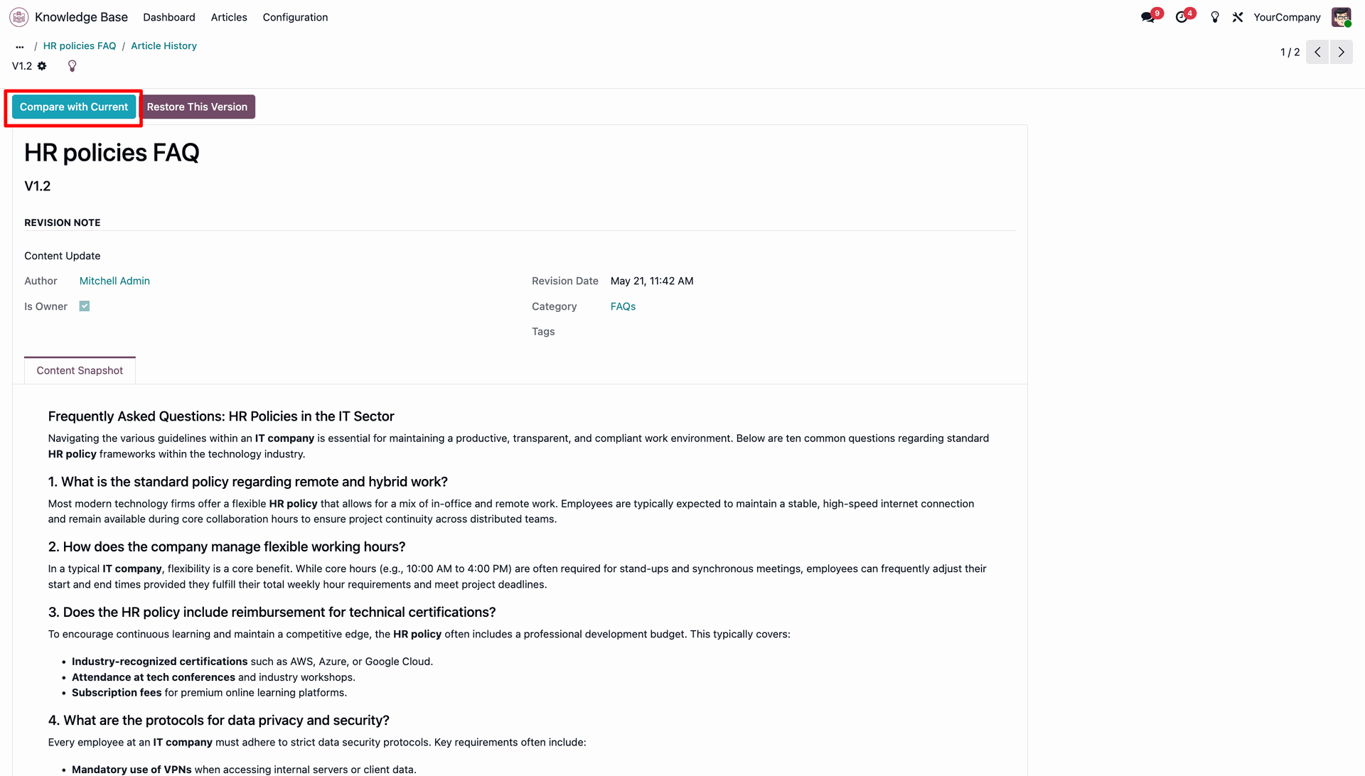 Historical version details form highlighting the 'Compare with Current' button