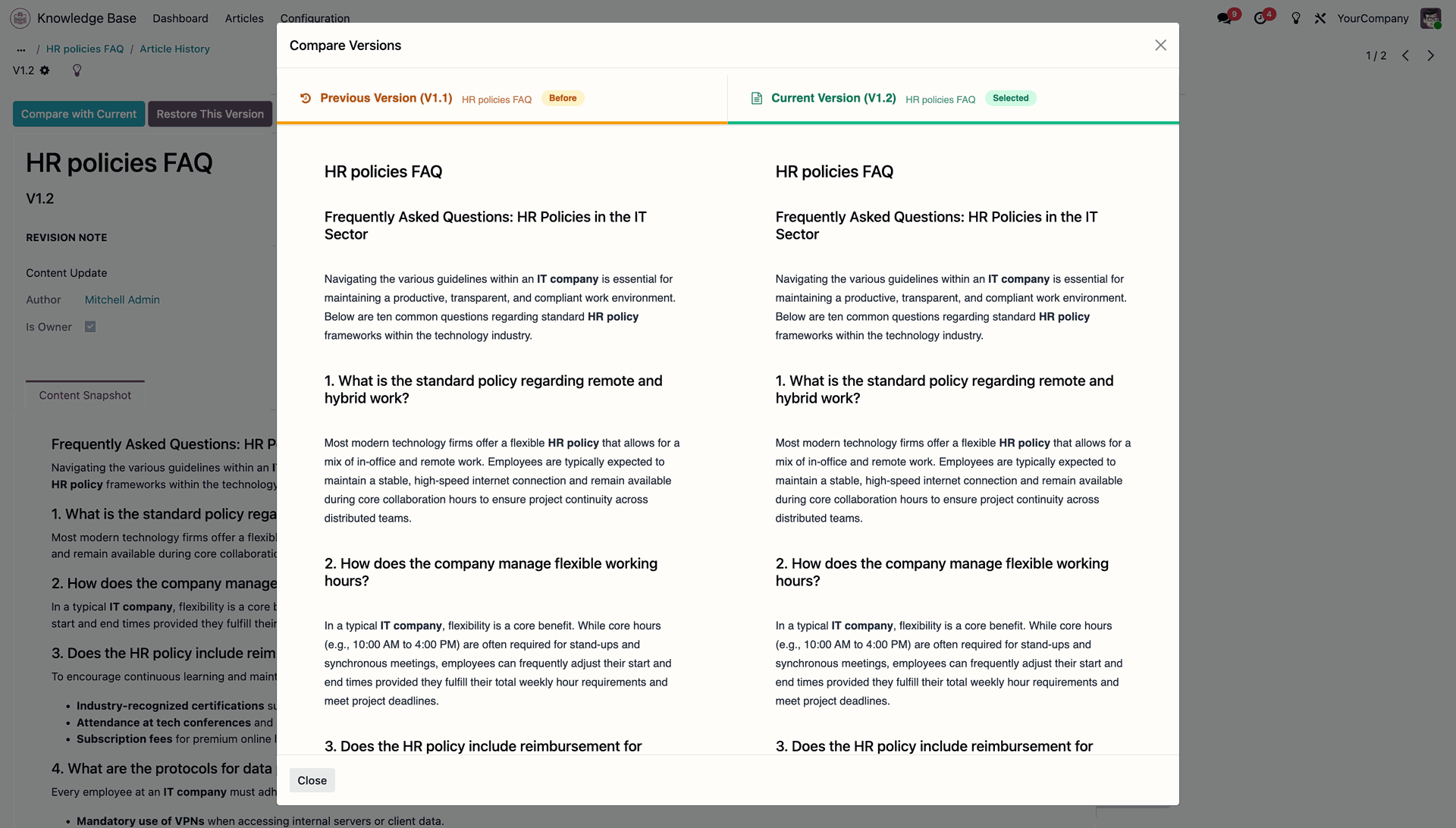 Side-by-side comparison popup of two article versions