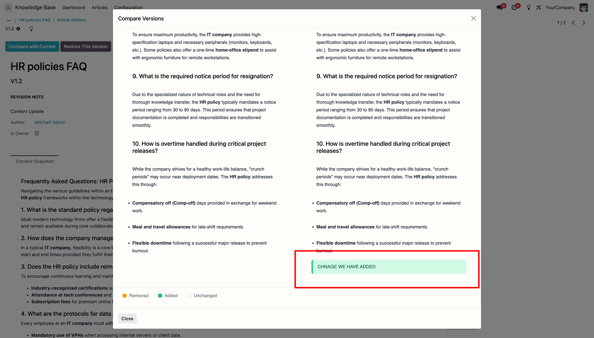 Compare Versions screen with new lines highlighted in green