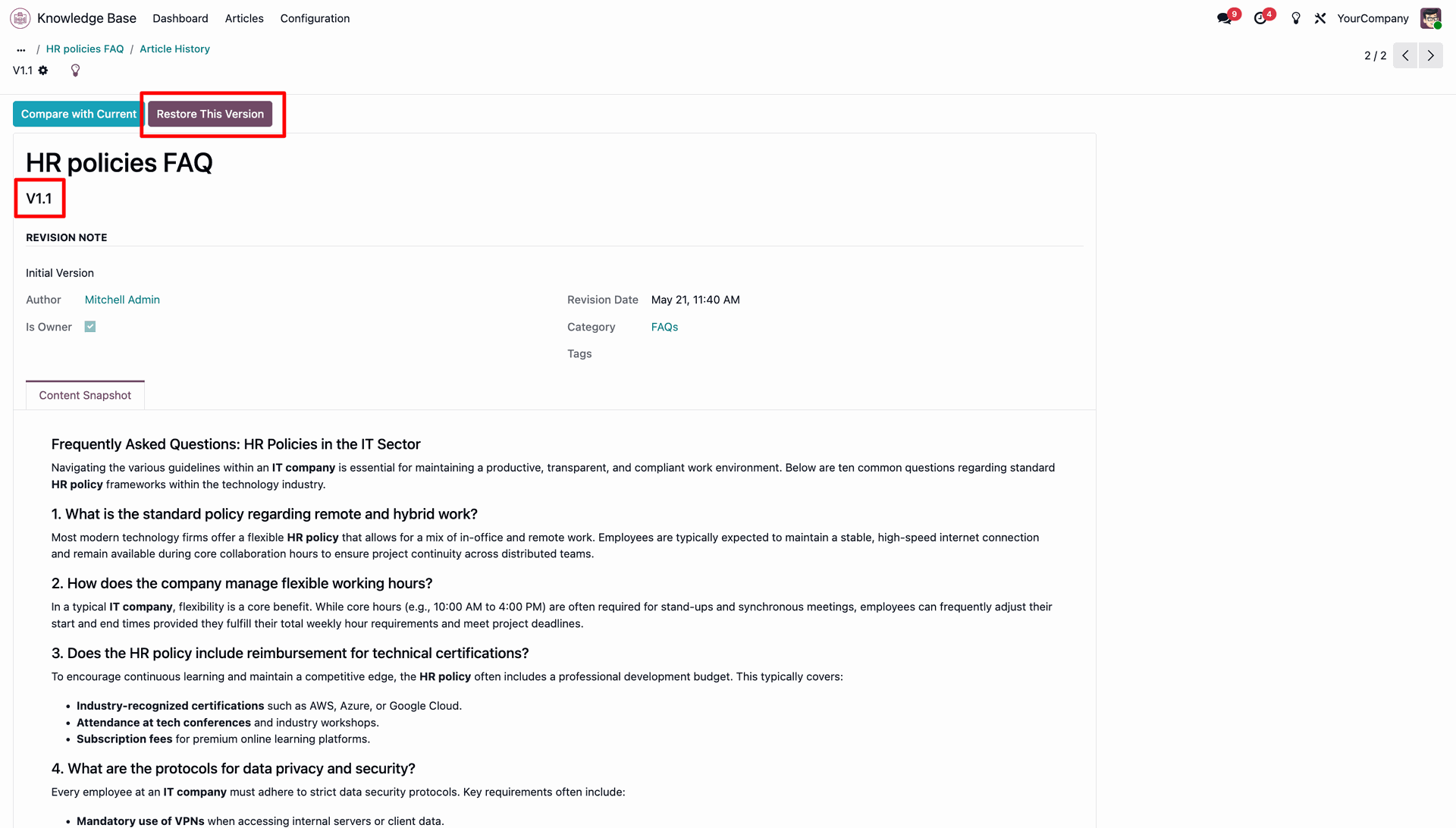 Article history page highlighting the 'Restore This Version' button 