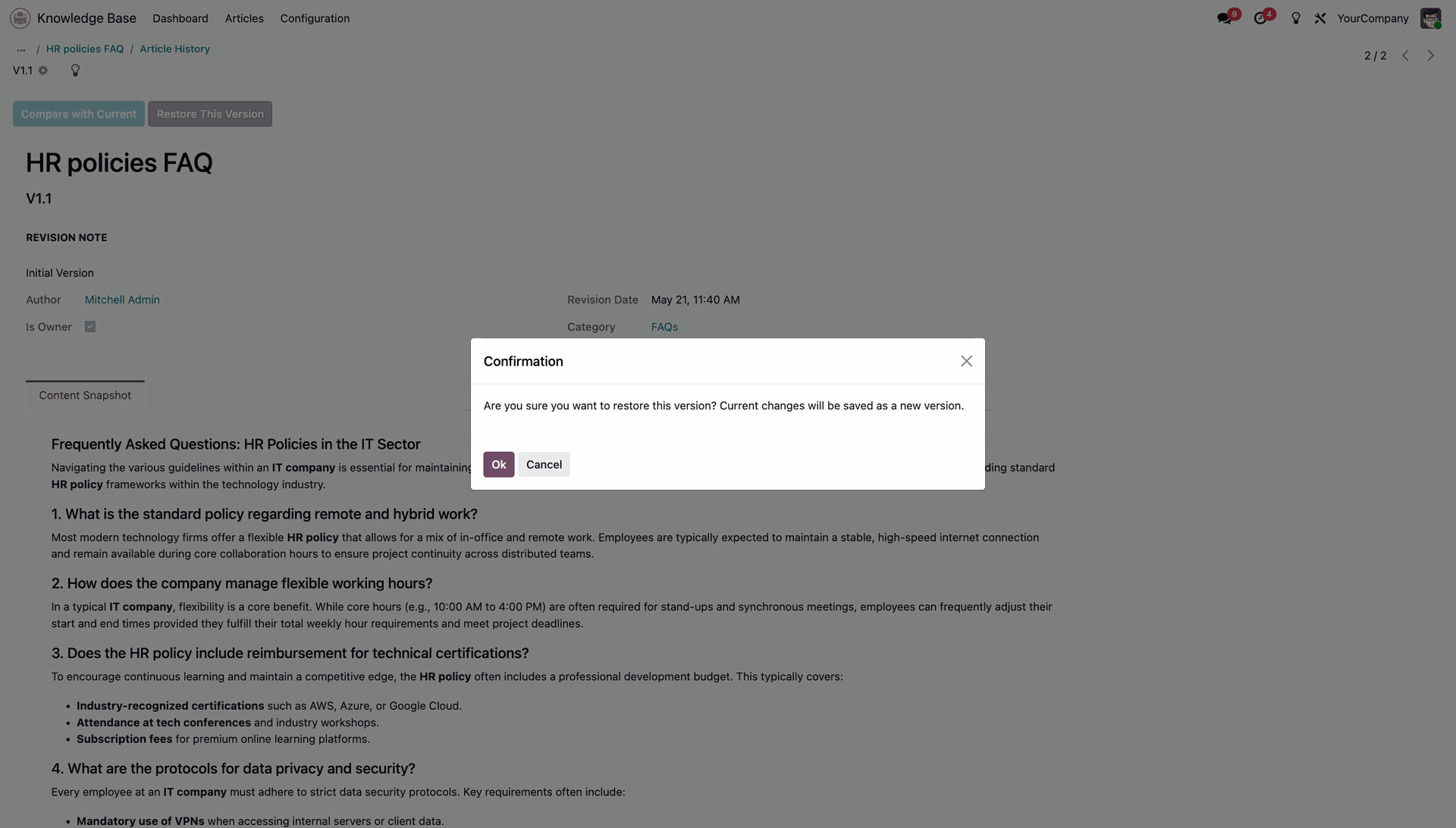 AConfirmation popup dialog to restore a historical version 