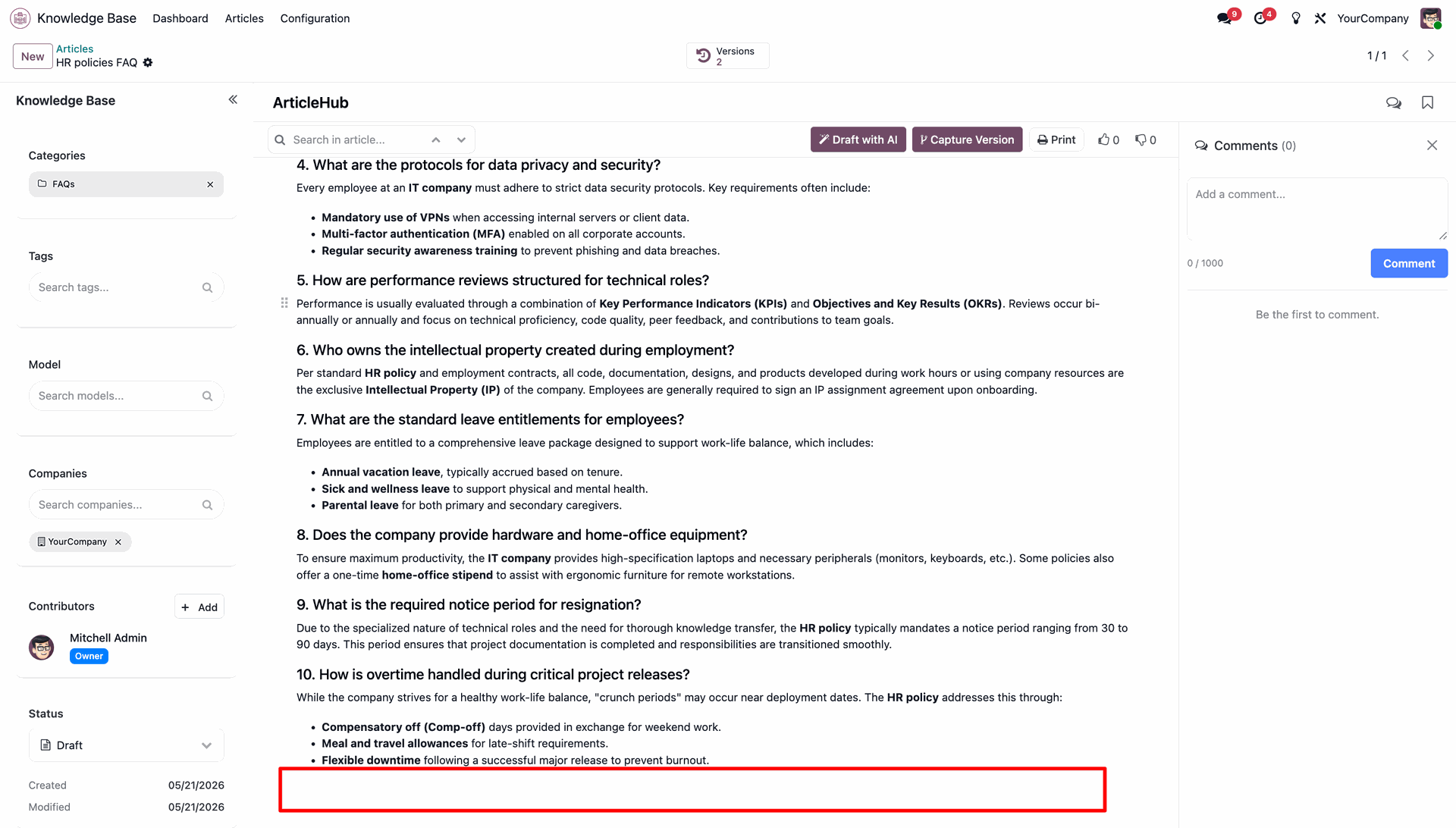 Article editor view displaying the restored version