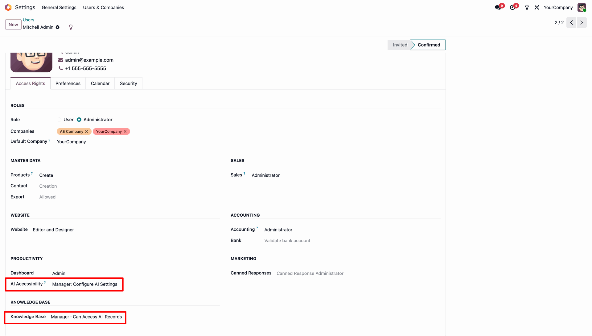 User settings showing access rights for AI and Knowledge Base
