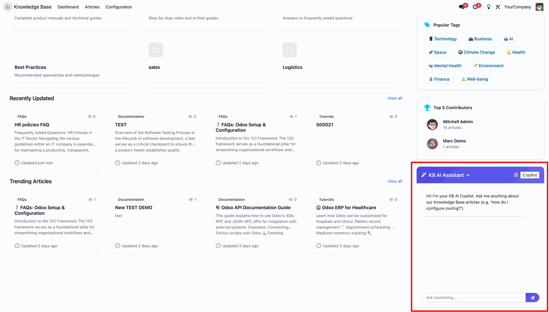 Knowledge Base dashboard highlighting the KB AI Assistant panel