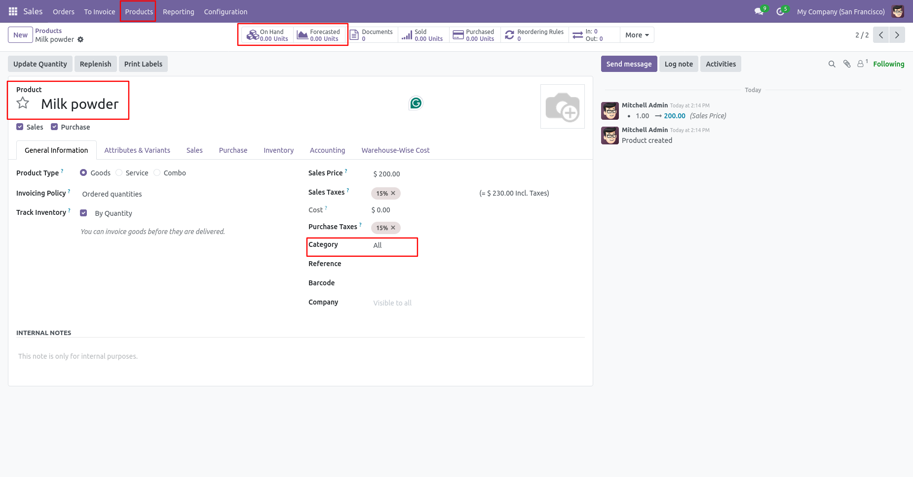 Storable product configuration in Odoo
