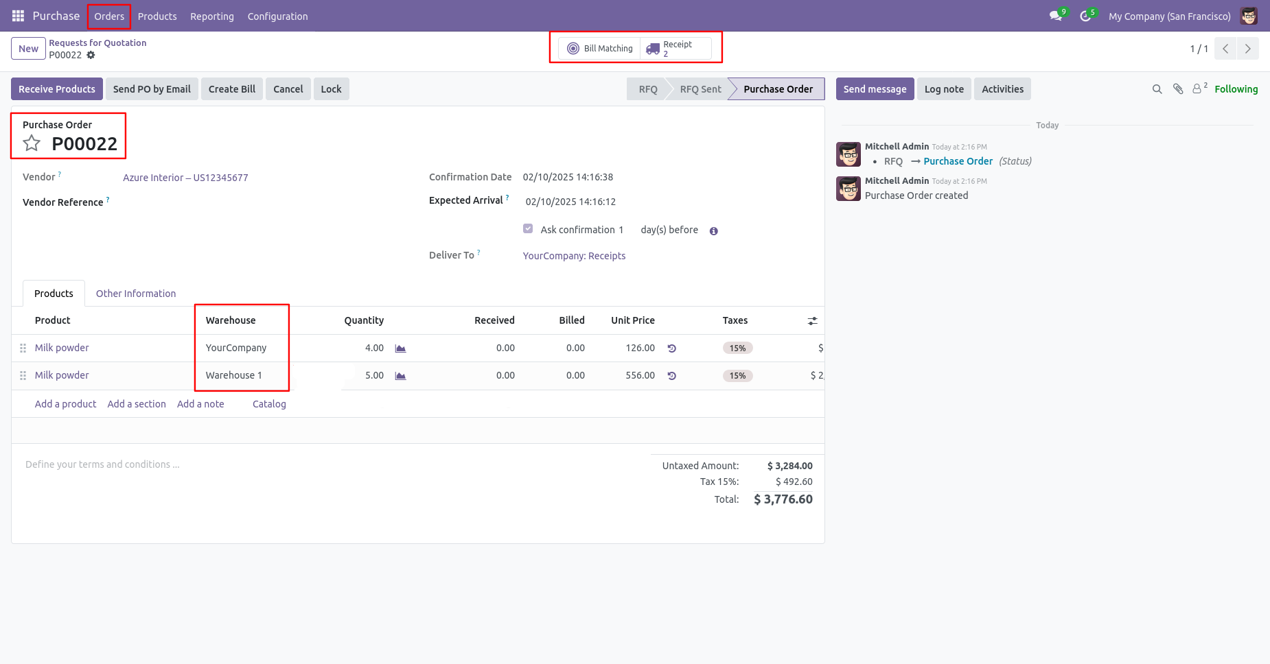 Purchase order with warehouse selection in Odoo