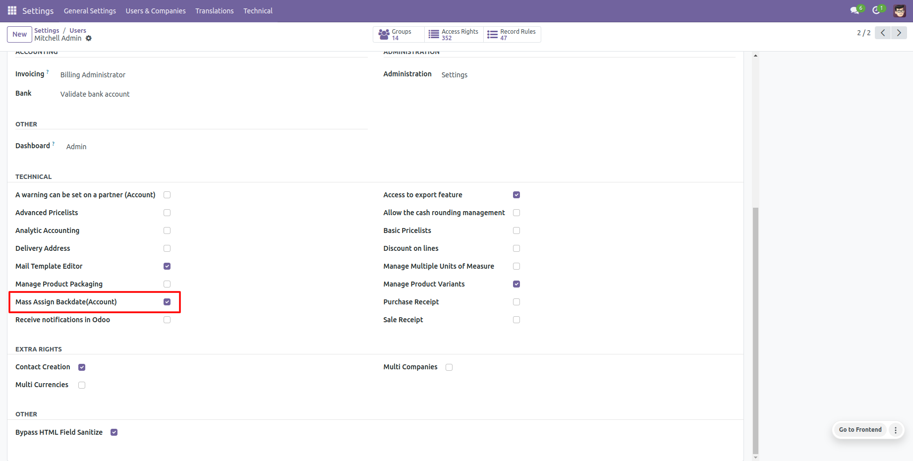 Odoo invoice settings with mass backdate