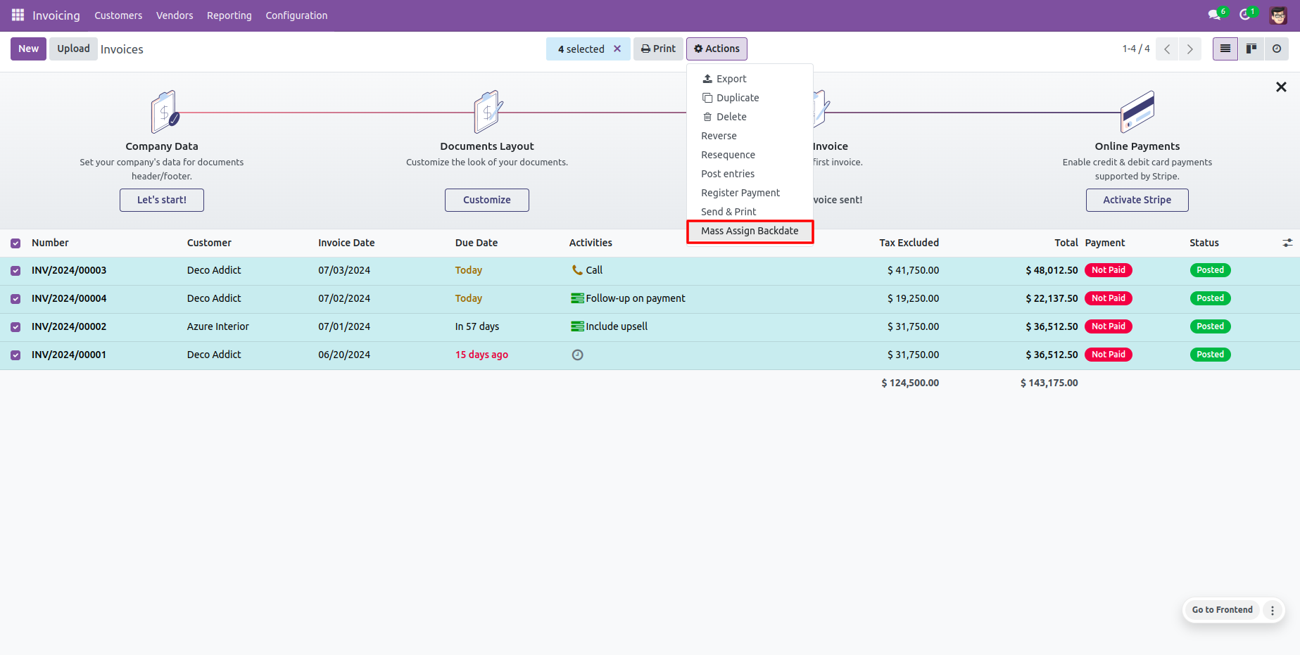Odoo invoice list with Mass Assign Backdate