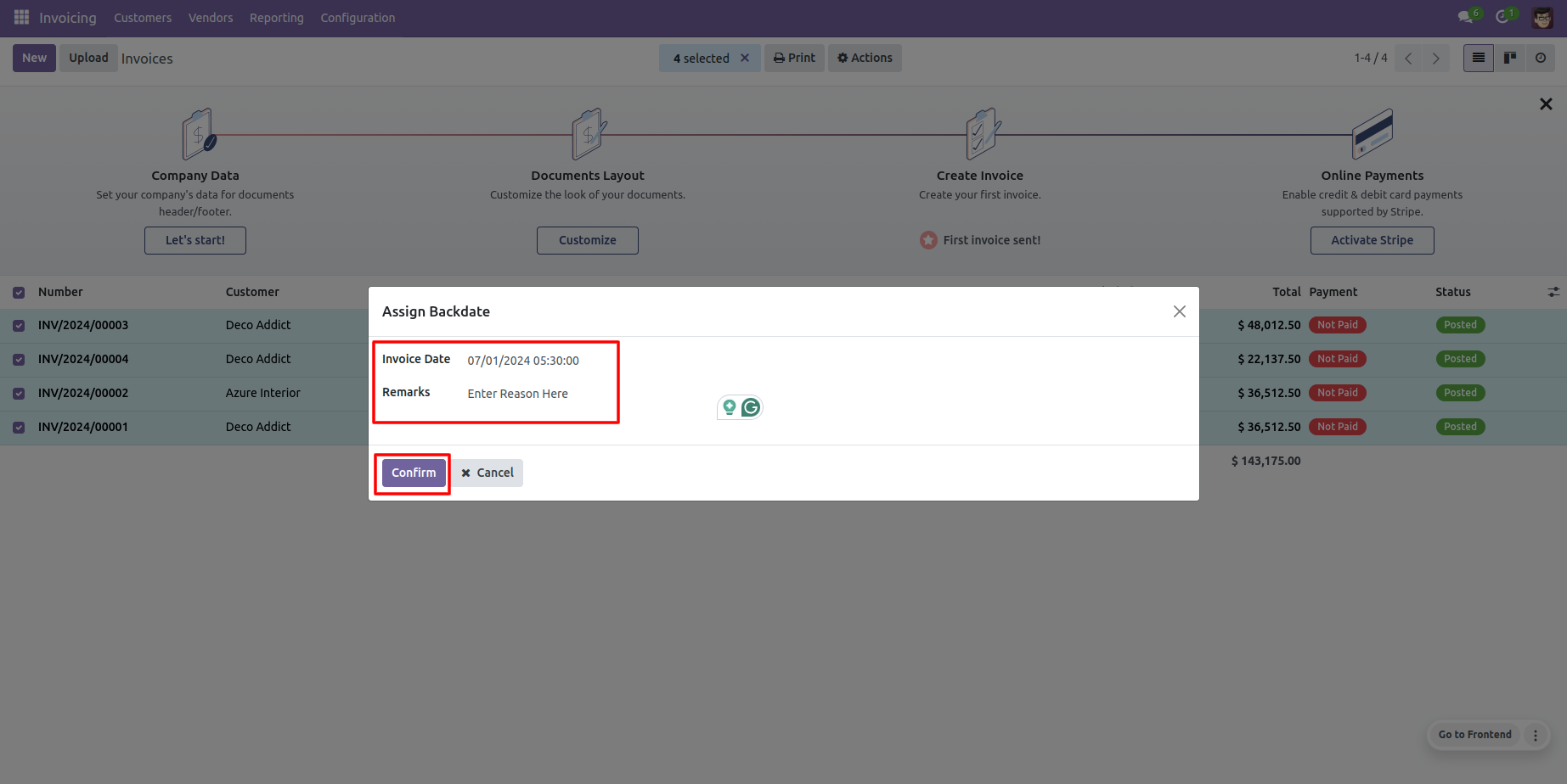 Odoo Invoice Mass Assign Backdate wizard