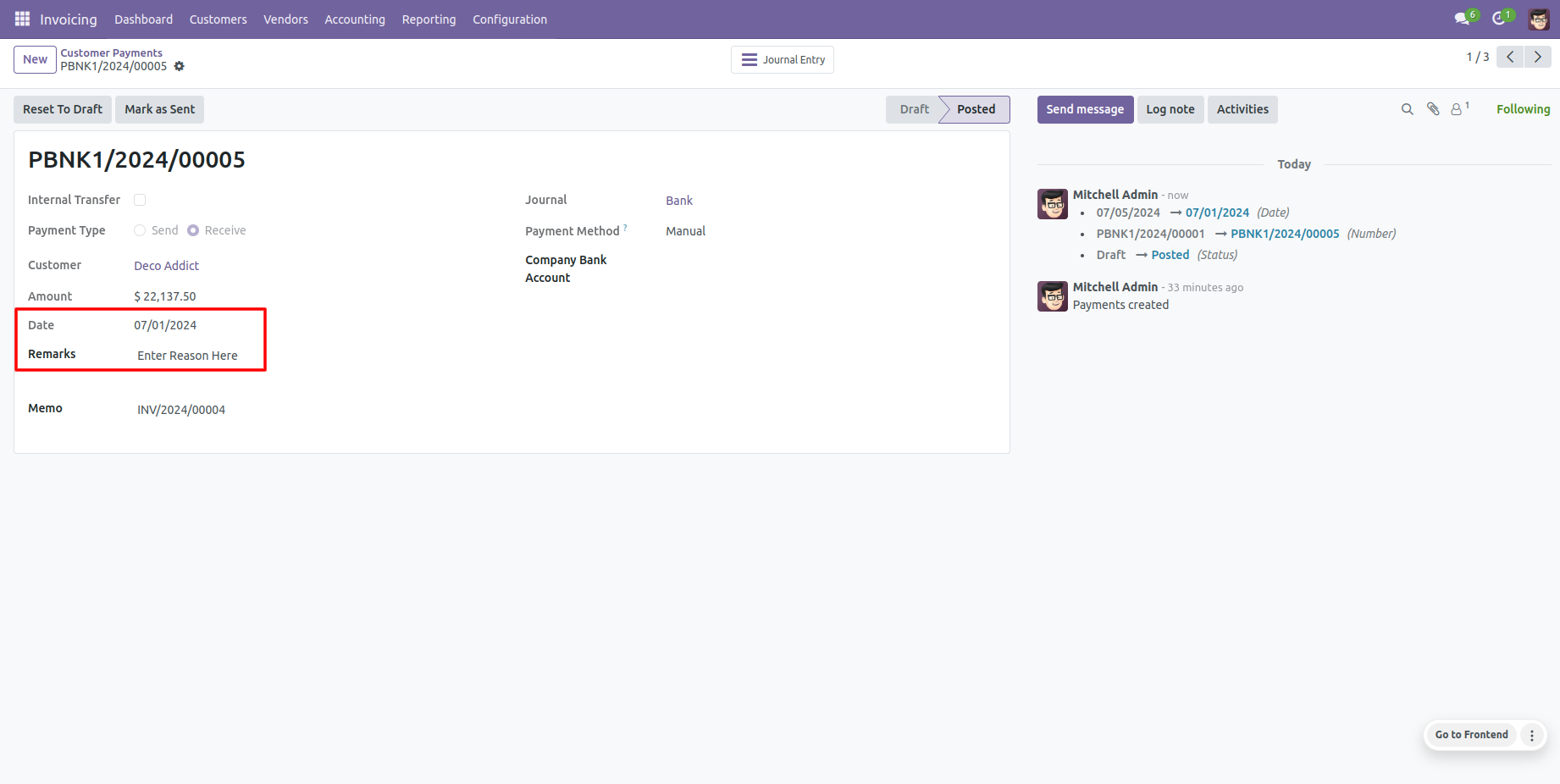 Odoo payment with backdate and remarks
