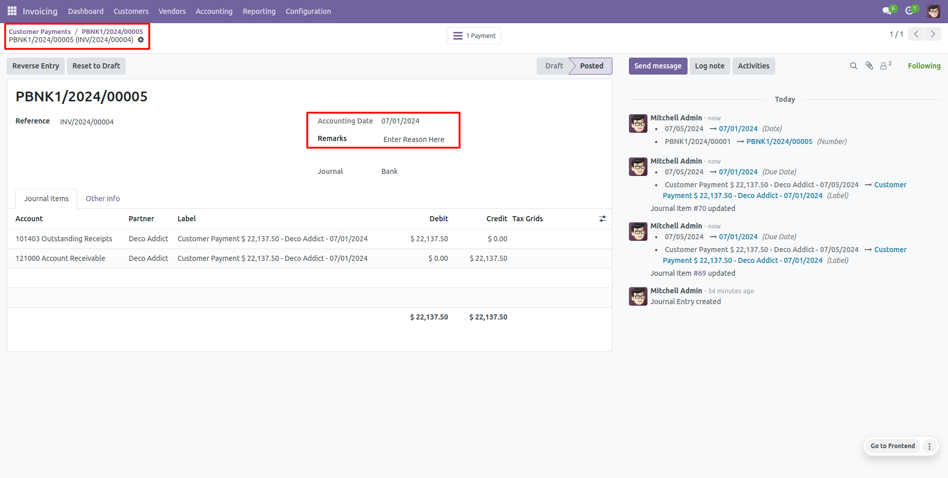Odoo journal entries with backdate and remarks