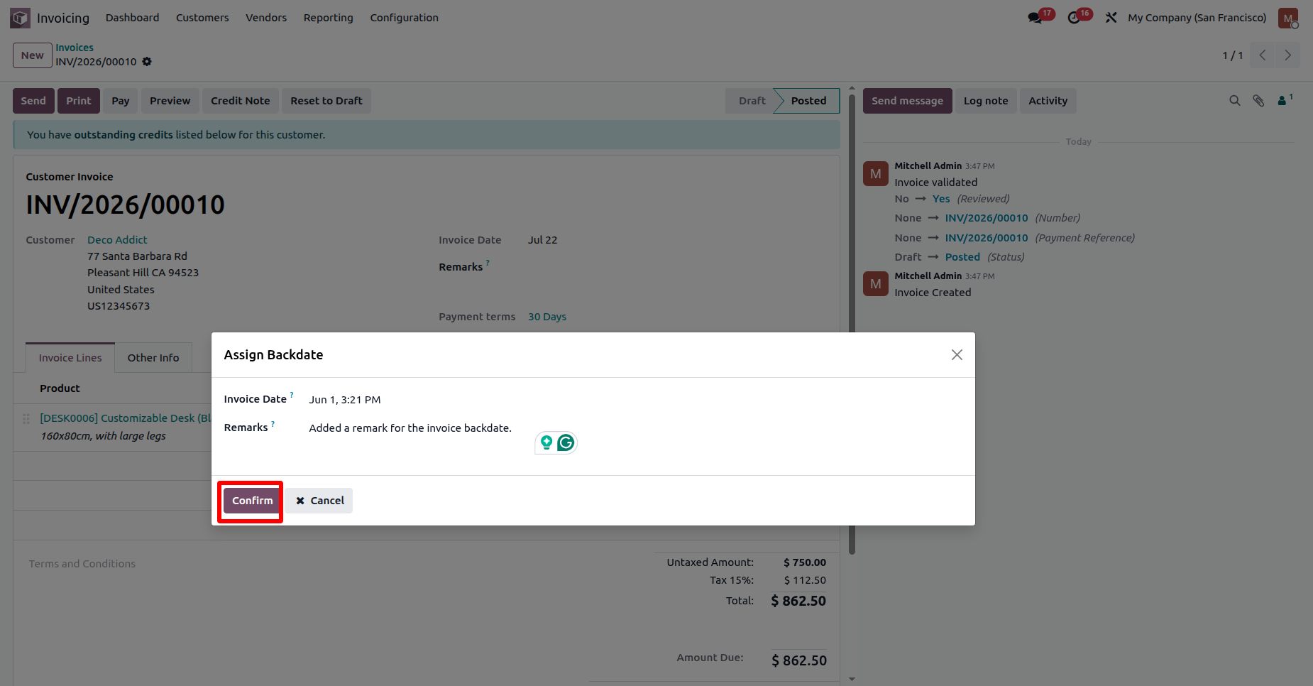 Odoo invoice backdate confirmation