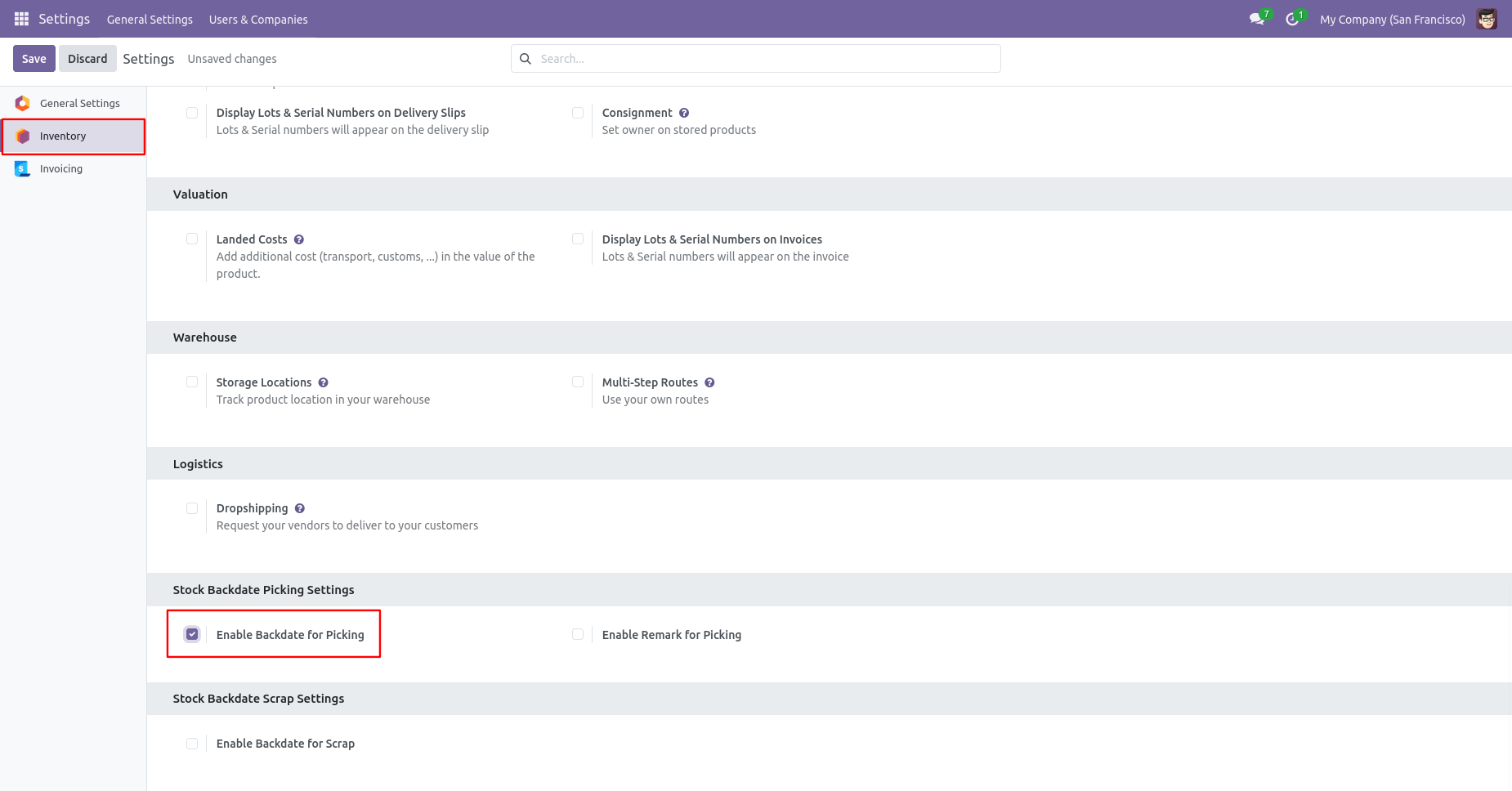 Odoo Inventory settings with backdate option