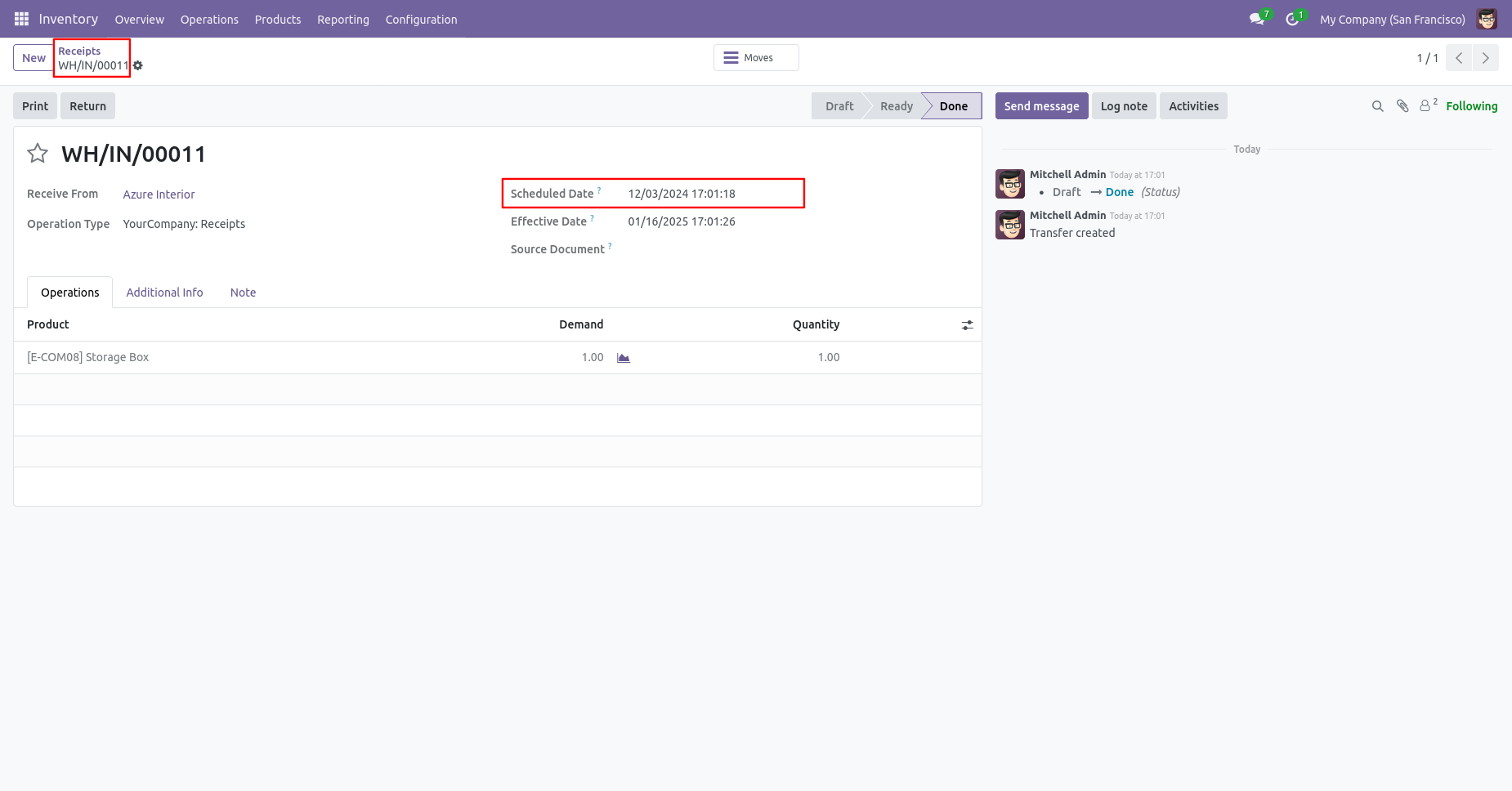 Odoo receipt form with backdate