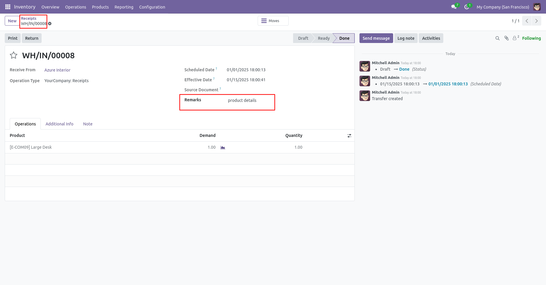 Odoo receipt form with remarks