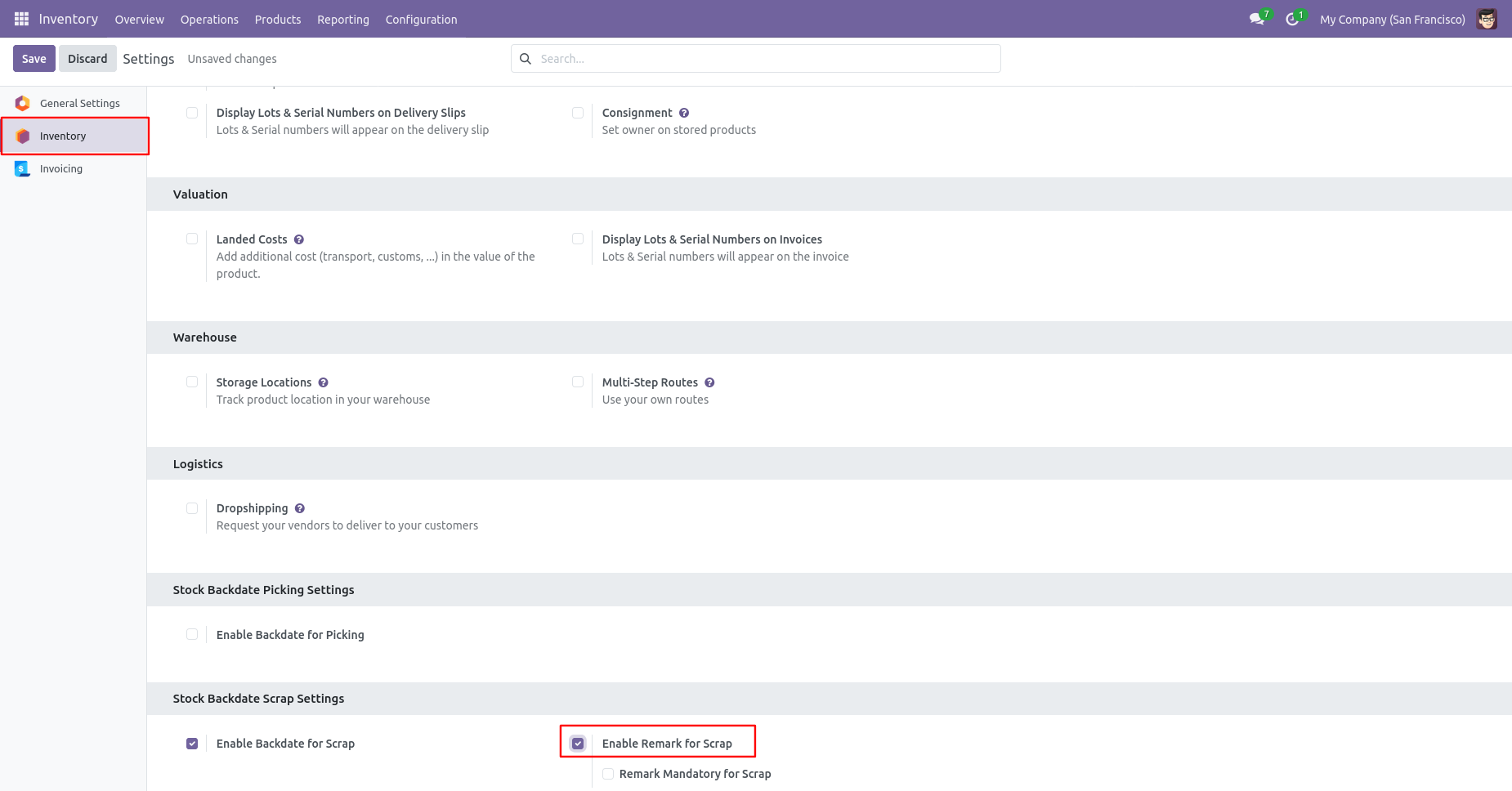 Odoo Scrap settings with remarks option