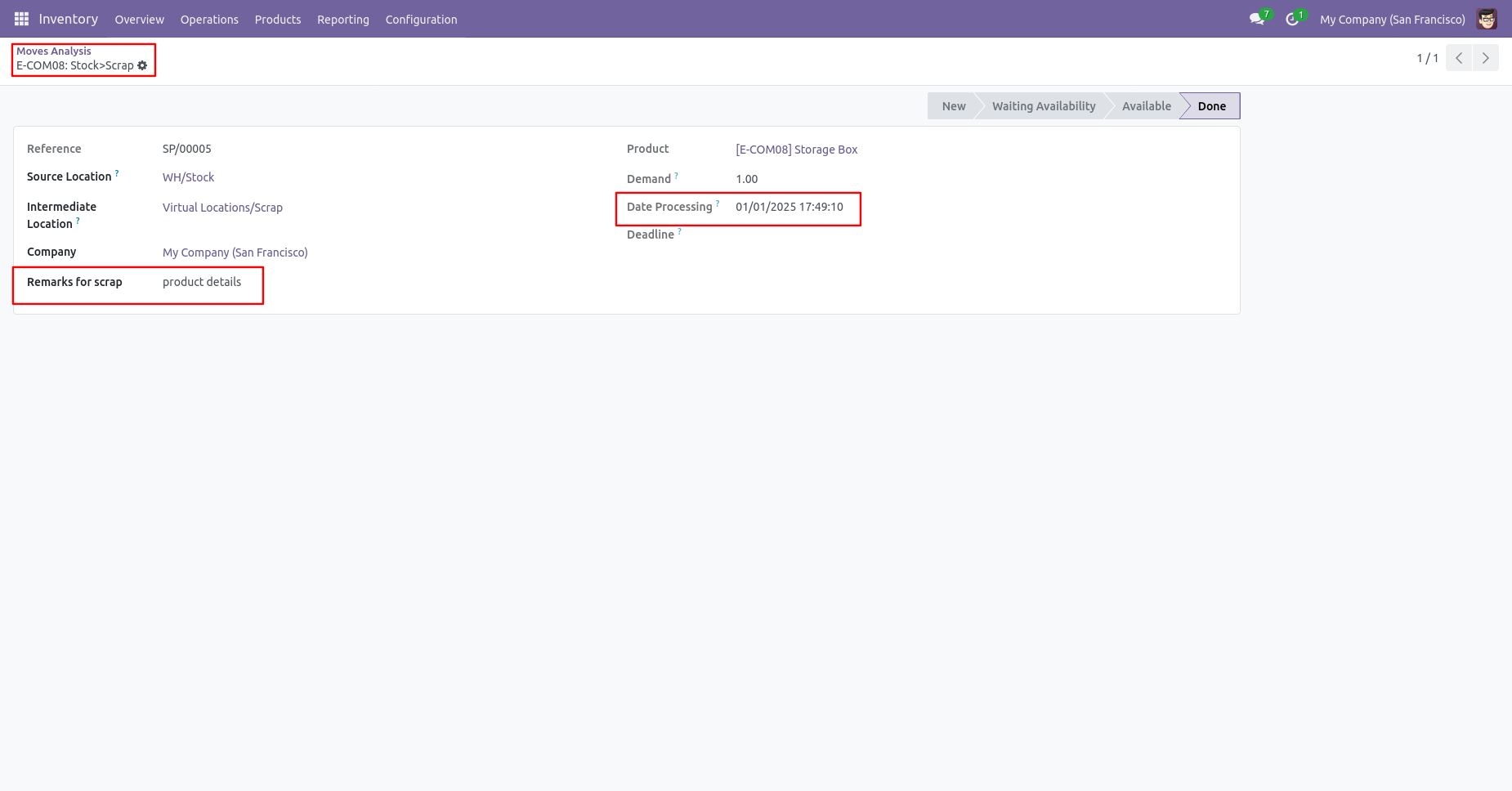 Odoo scrap moves analysis with backdate