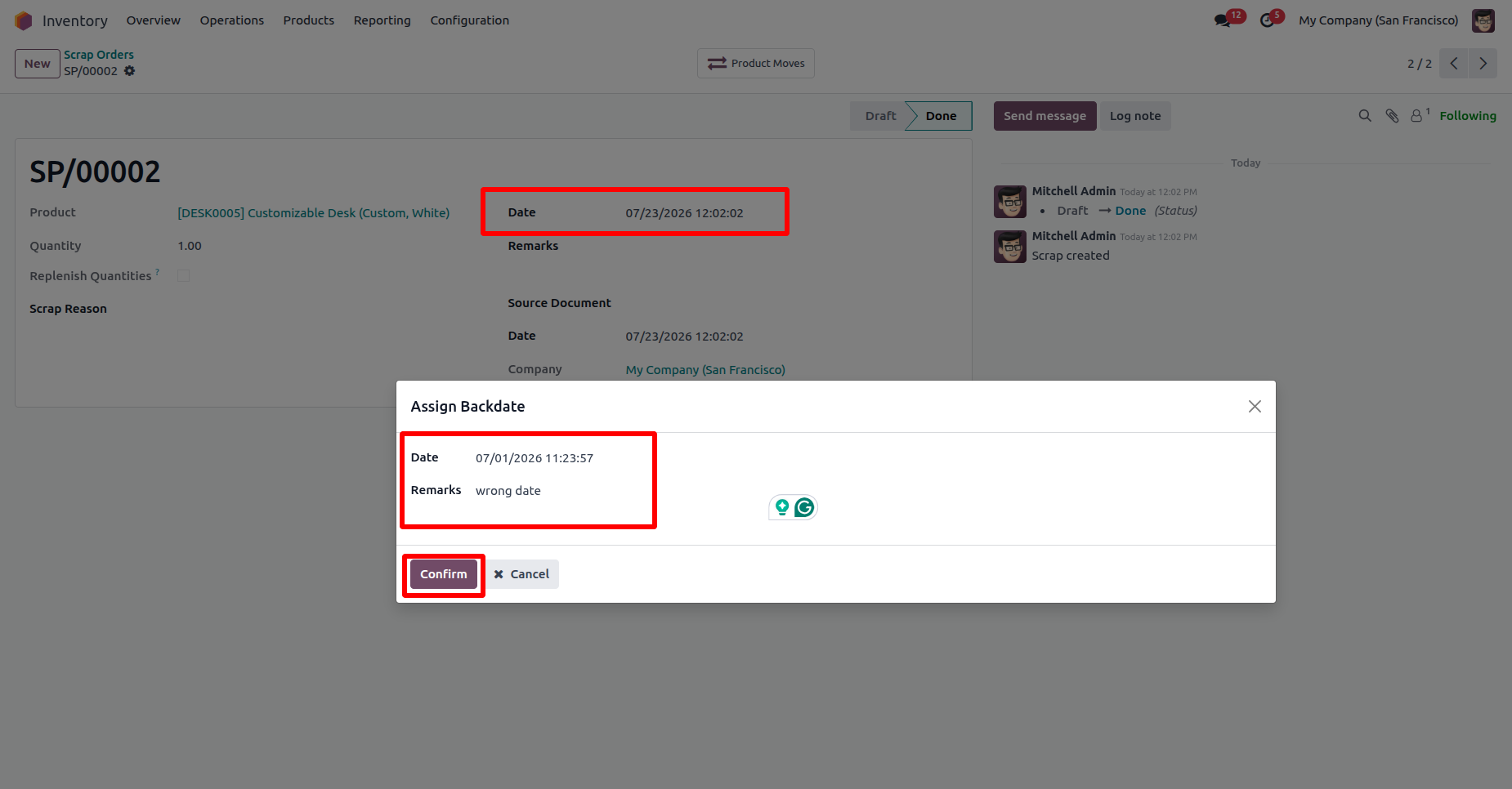 Odoo scrap order backdate confirmation