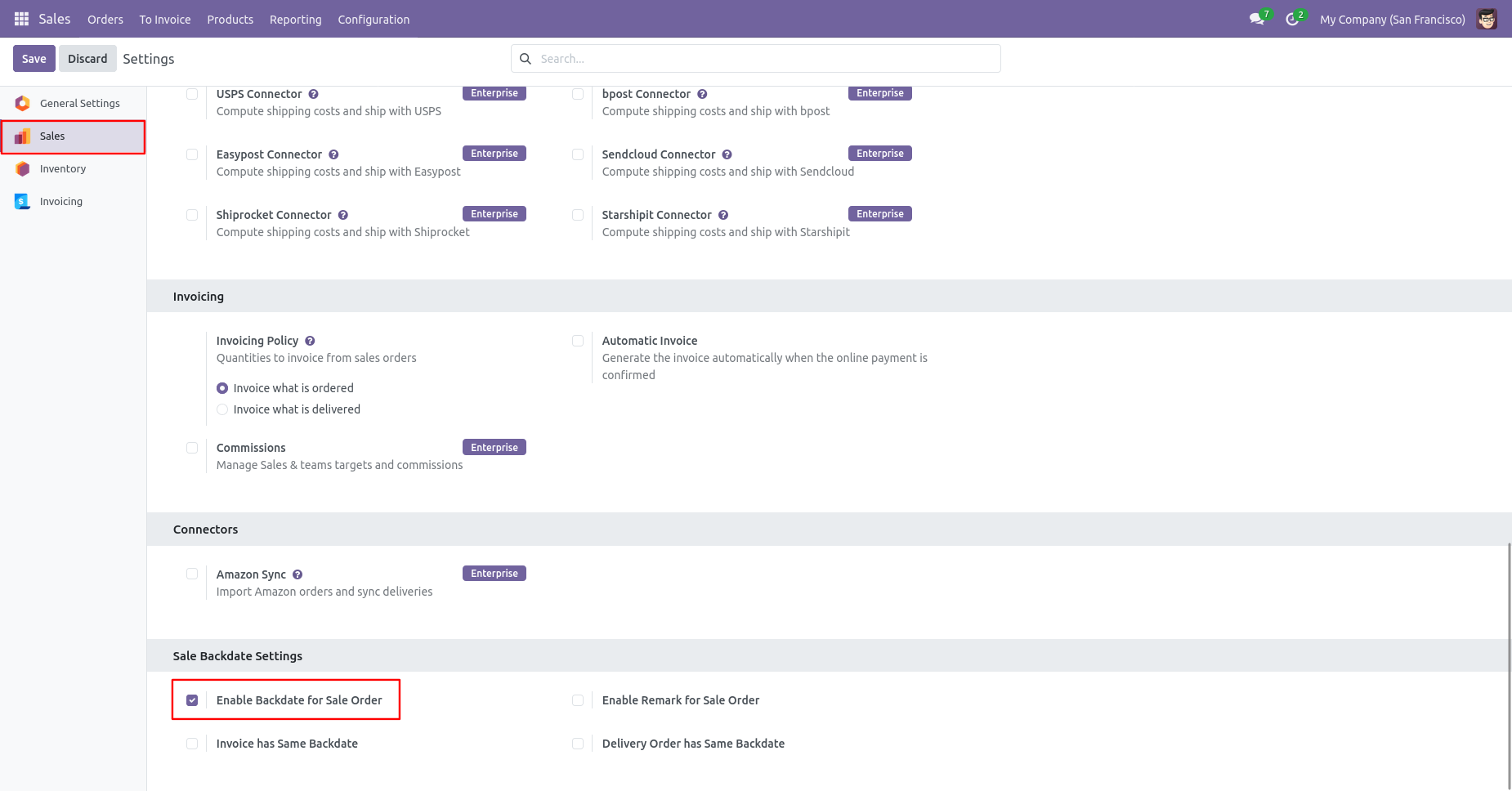 Odoo Sales settings with backdate option