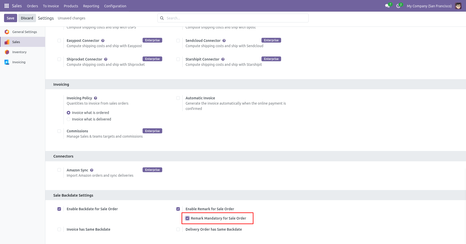 Odoo Sales settings with mandatory remarks