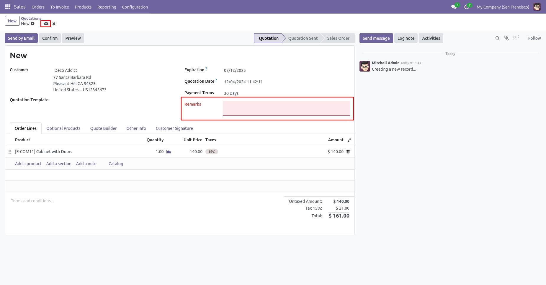 Odoo sales order requiring a remark
