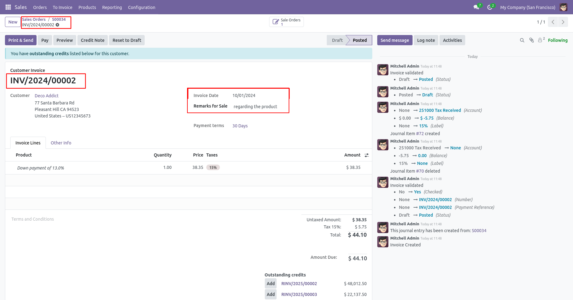 Odoo invoice with backdate and remarks