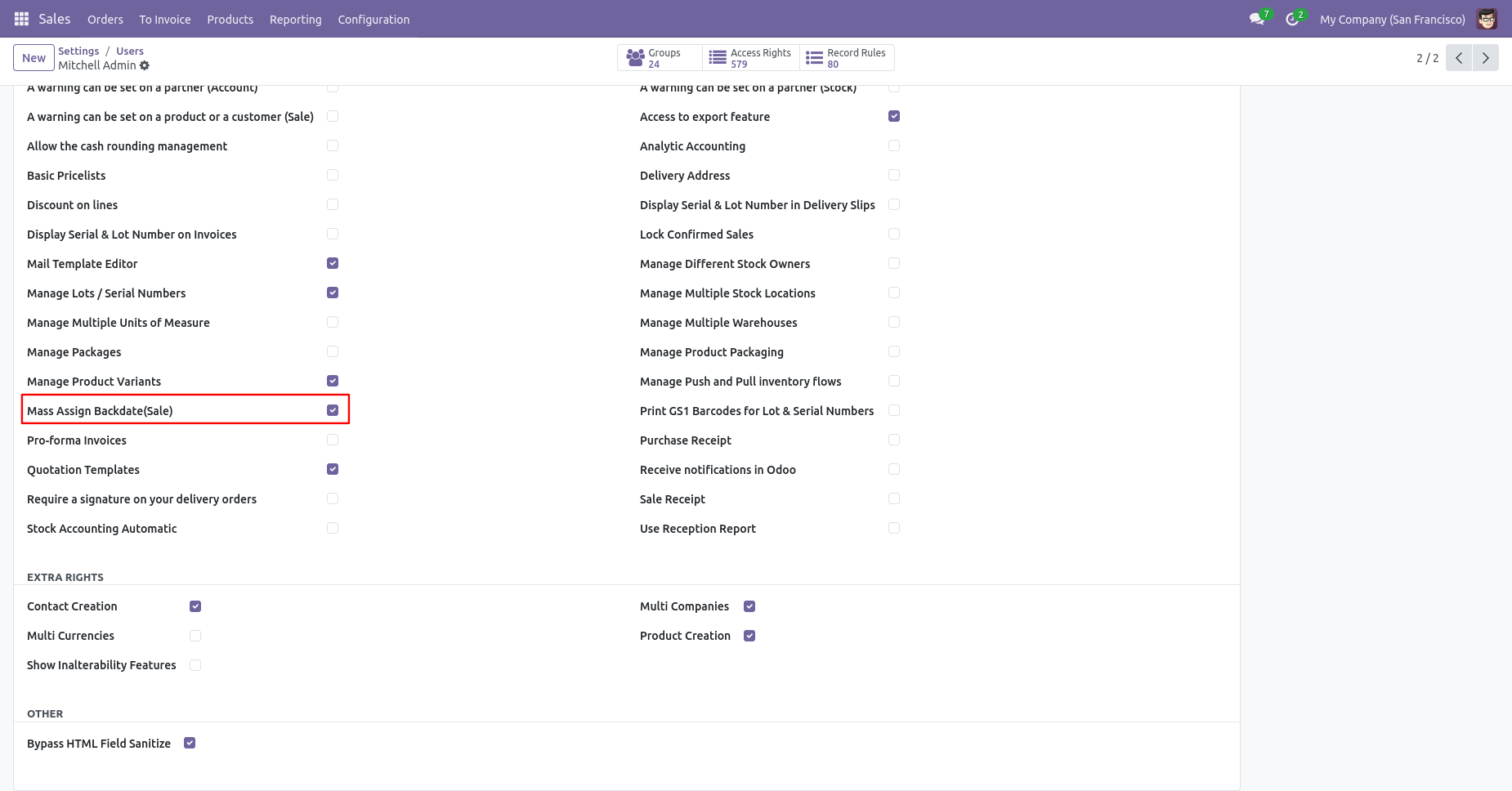 Odoo settings with mass backdate option
