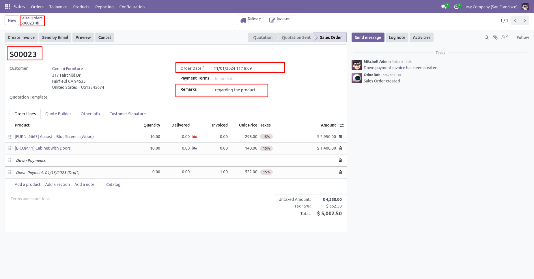 Odoo sales order with backdate and remarks