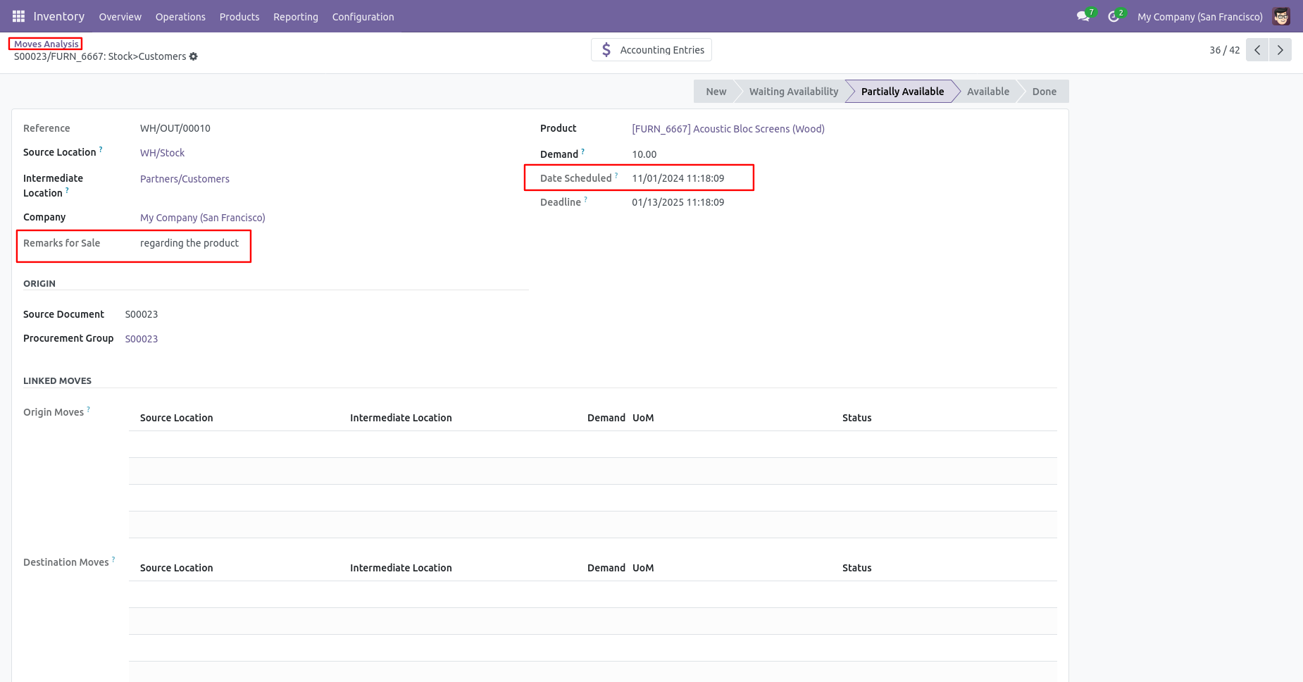Odoo stock move with backdate and remarks