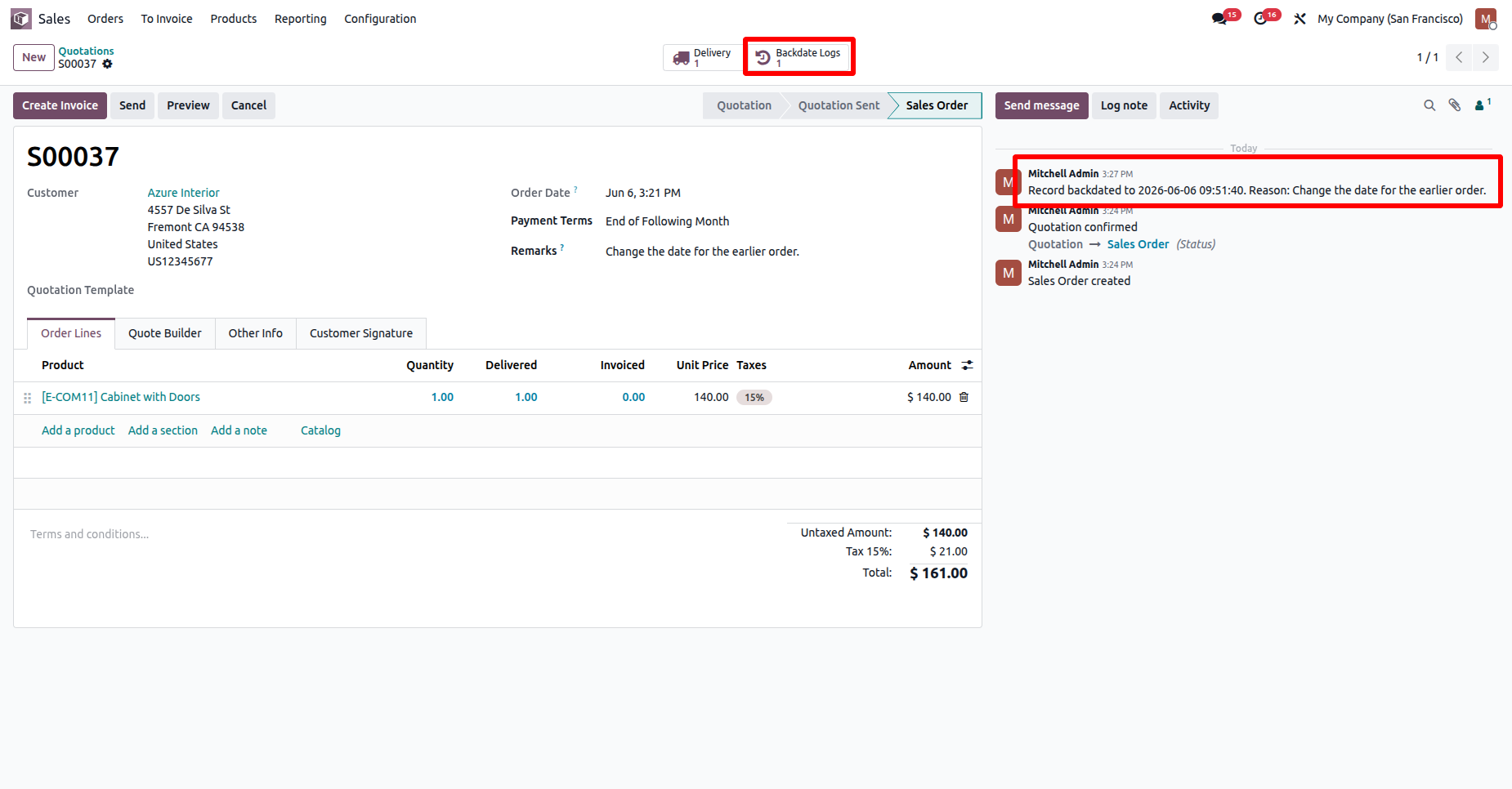 Odoo sales order with Backdate Logs