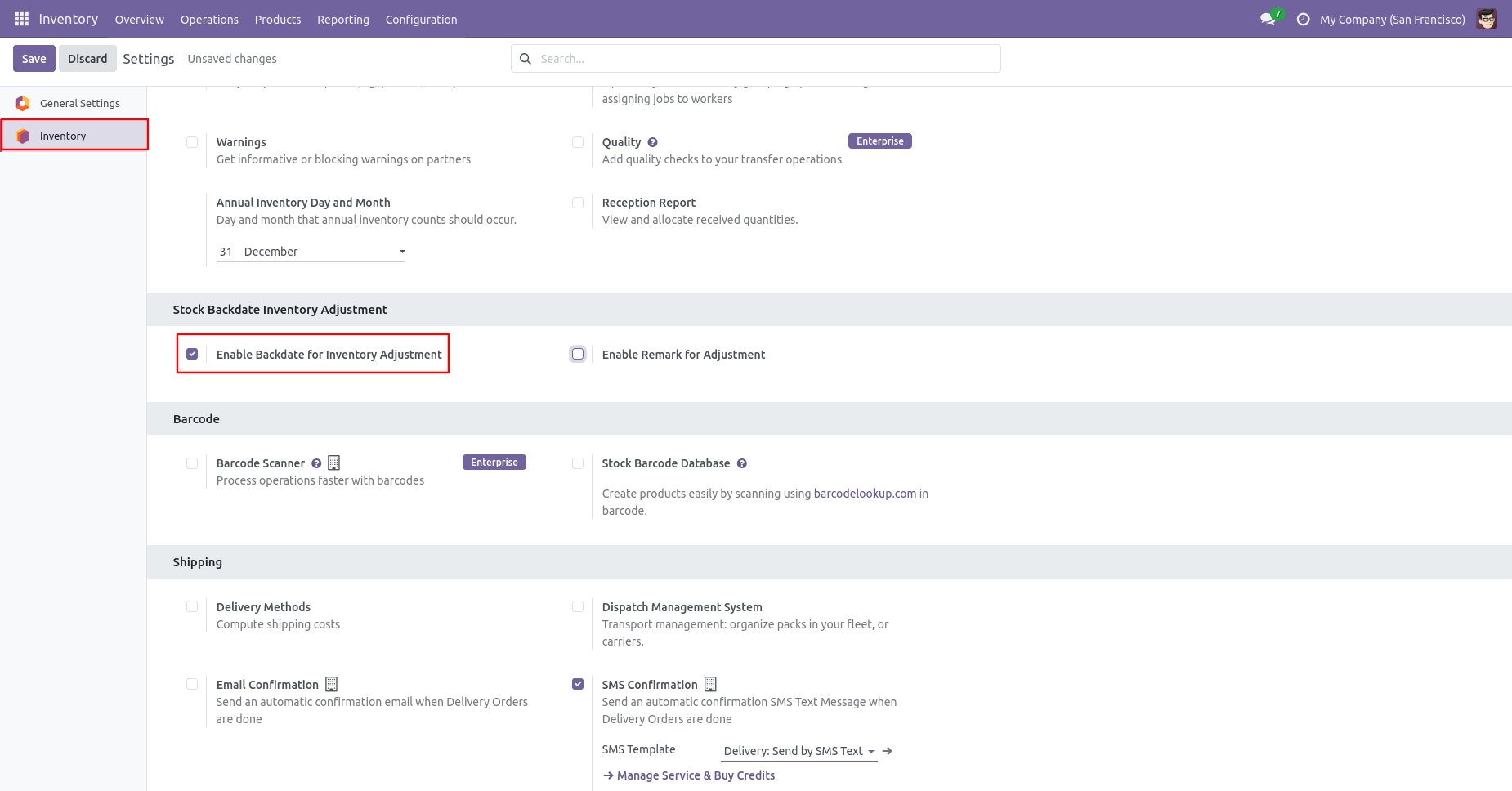 Odoo Inventory Adjustment settings with backdate option