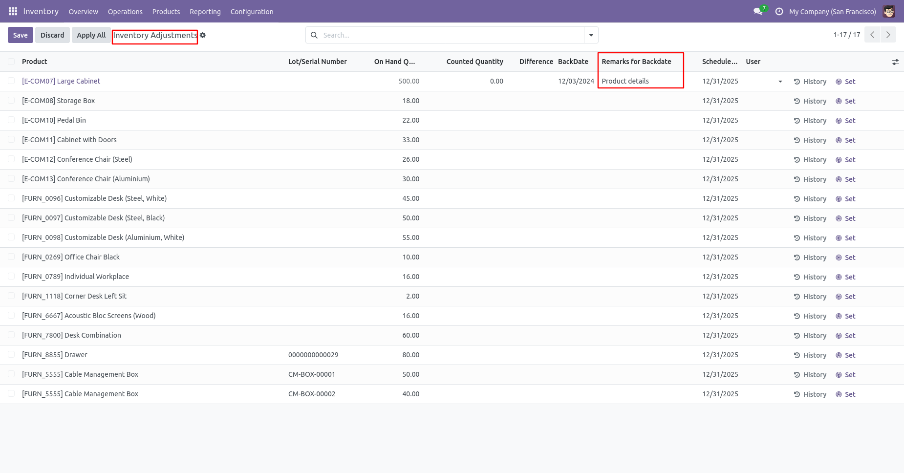 Odoo inventory adjustment with remarks