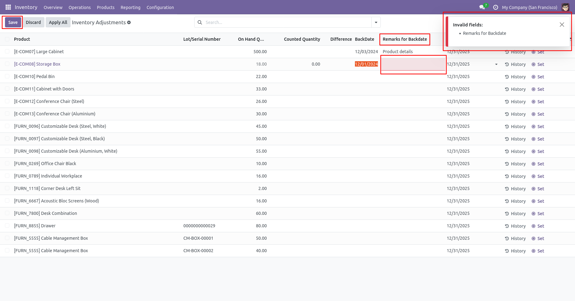 Odoo inventory adjustment requiring a remark