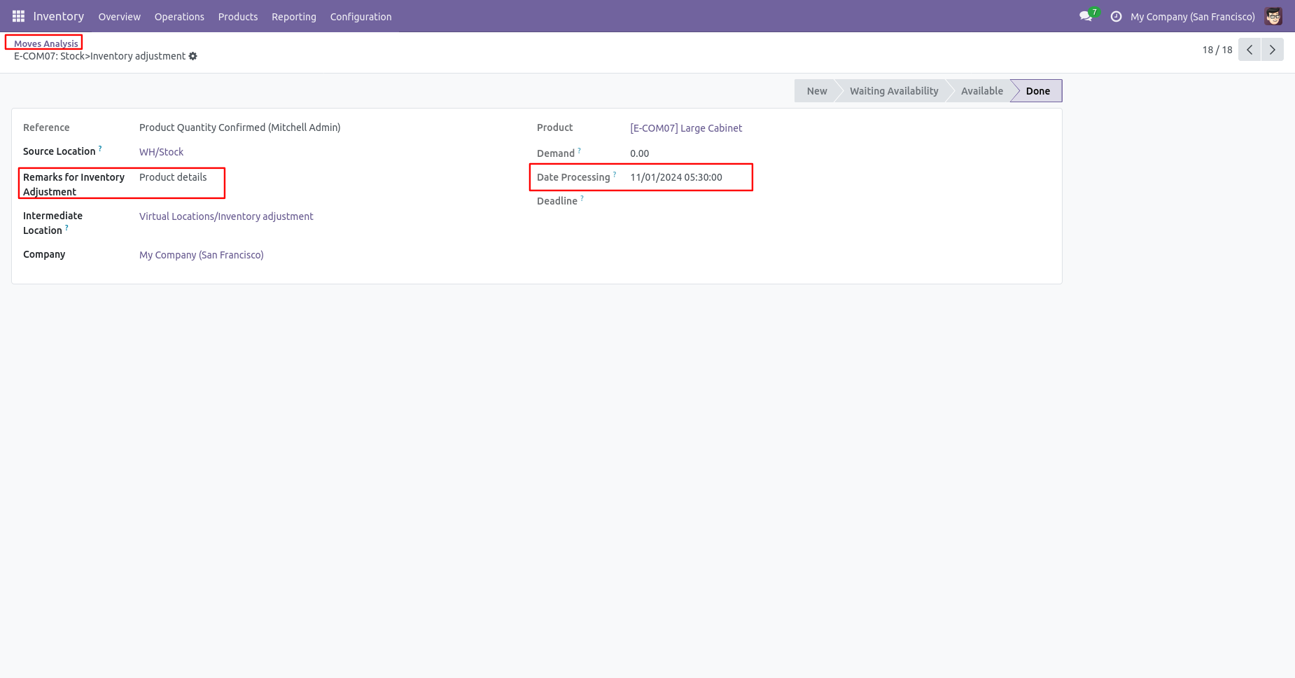 Odoo inventory adjustment with backdate and remarks