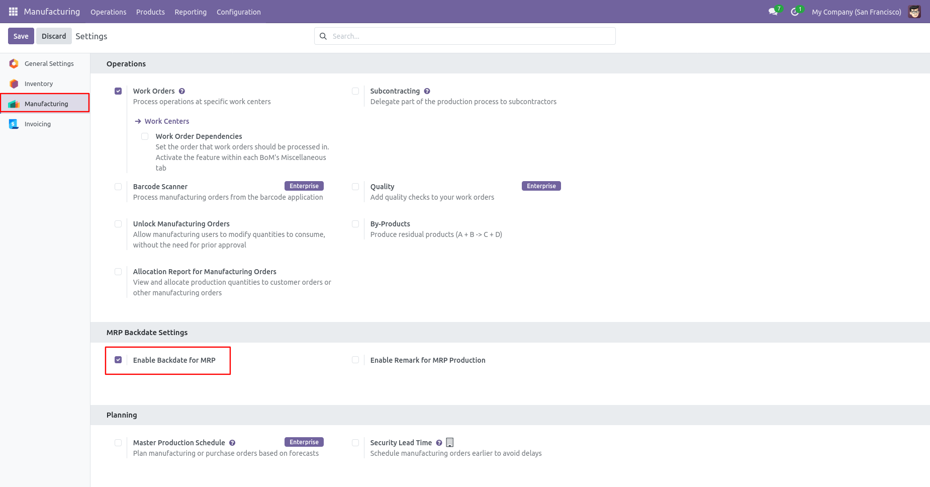 Odoo MRP settings with backdate option