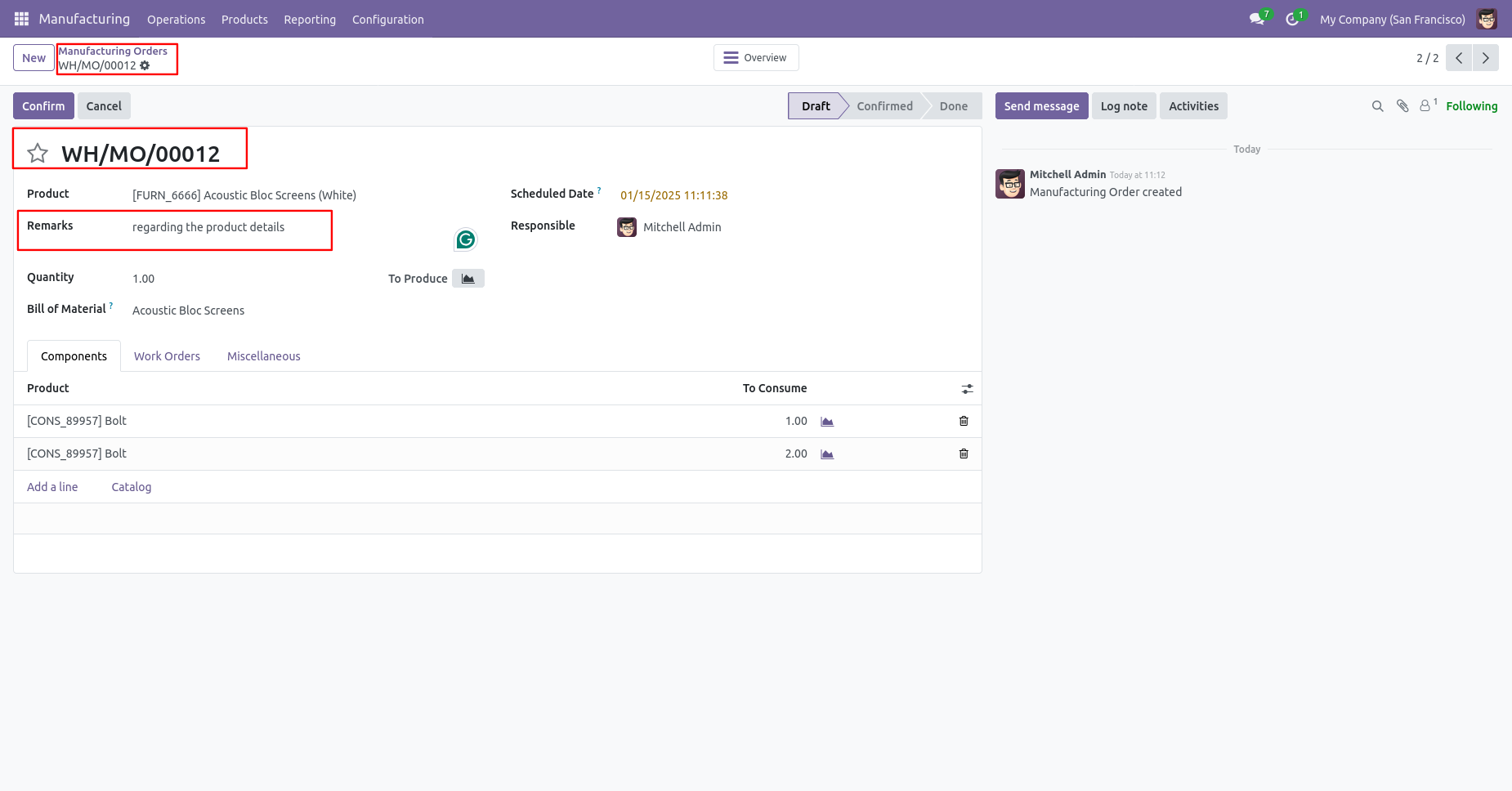 Odoo MRP order with backdate and remarks