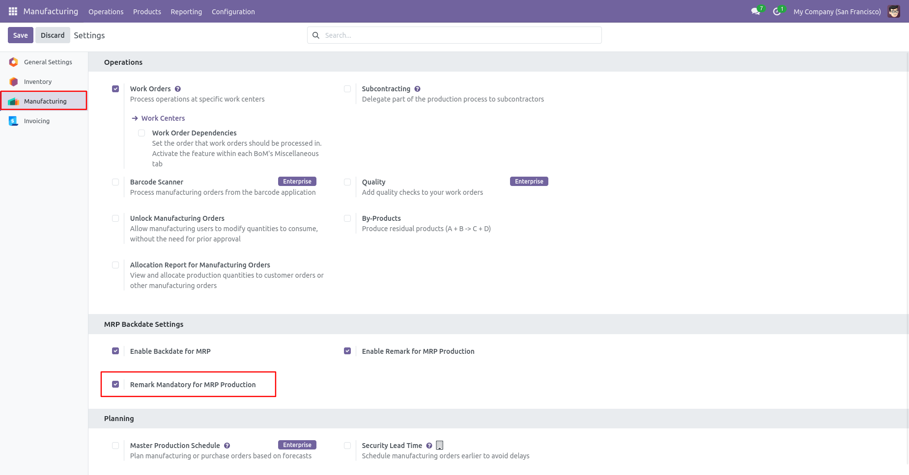 Odoo Manufacturing settings with mandatory remarks