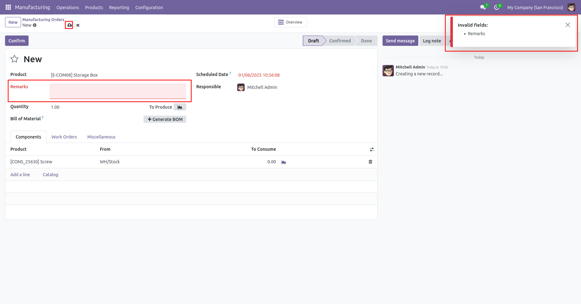 Odoo MRP order requiring a remark
