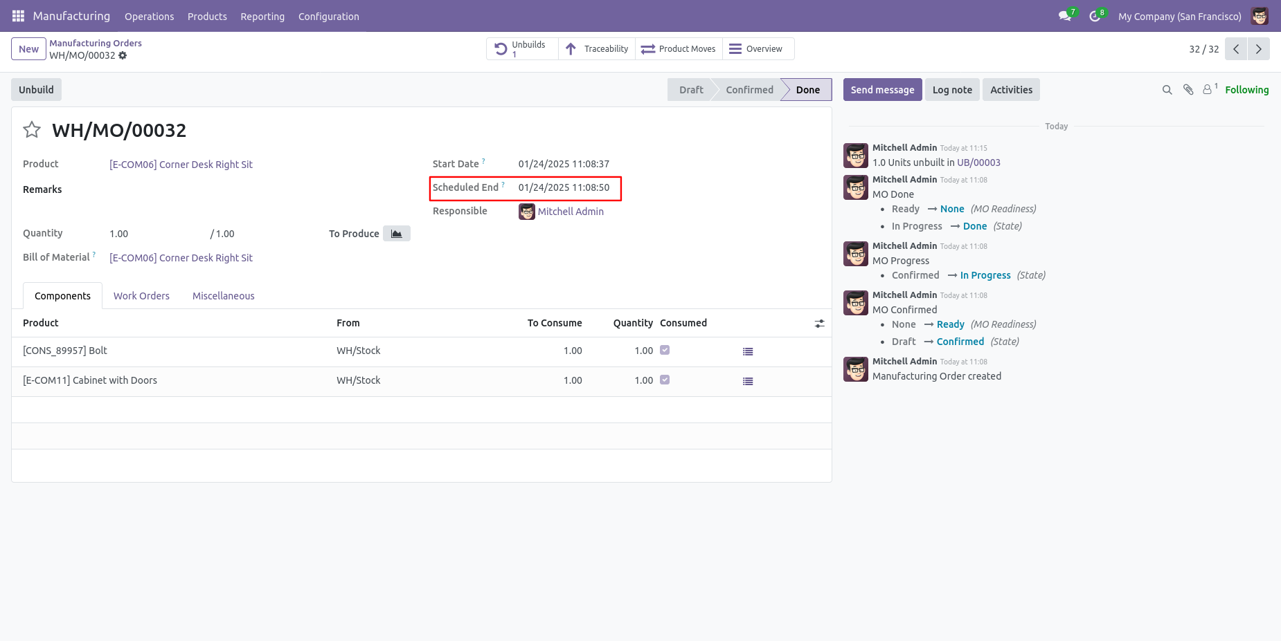 Odoo scheduled manufacturing order date
